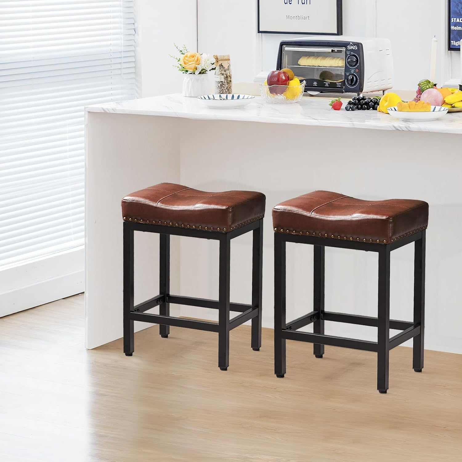 Bar Stools Set of 2, 24 inch Counter Height Bar Stools, Upholstered Modern Kitchen Barstools with Metal Base, PU Leather Saddle Stools for Kitchen Island, Black