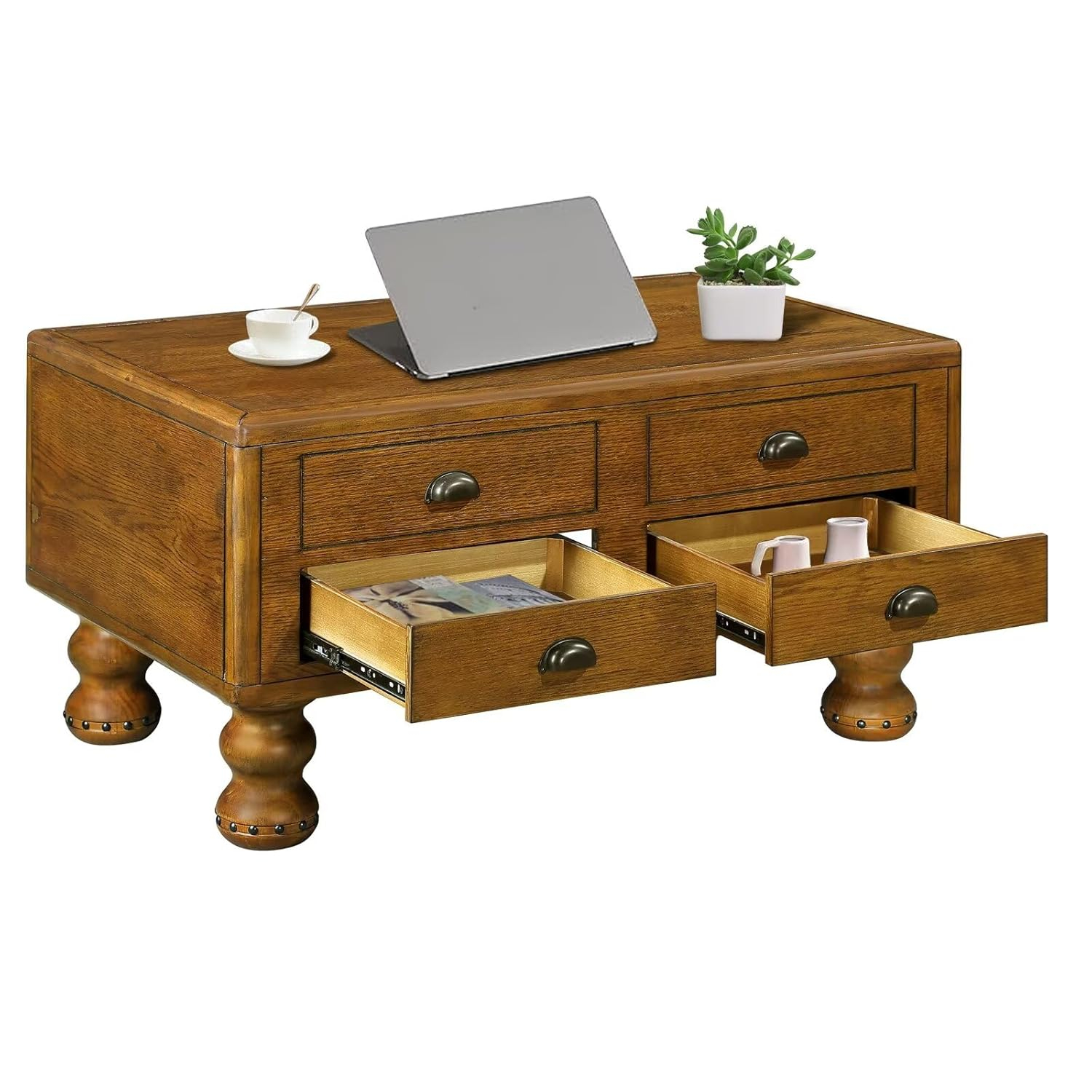 LKTART Wood Coffee Table with Storage Drawers, Vintage Rectangular Coffee Table for Living Room, Distressed Center Table with Rivet Decoration Legs(Rustic Brown, 40 inch)