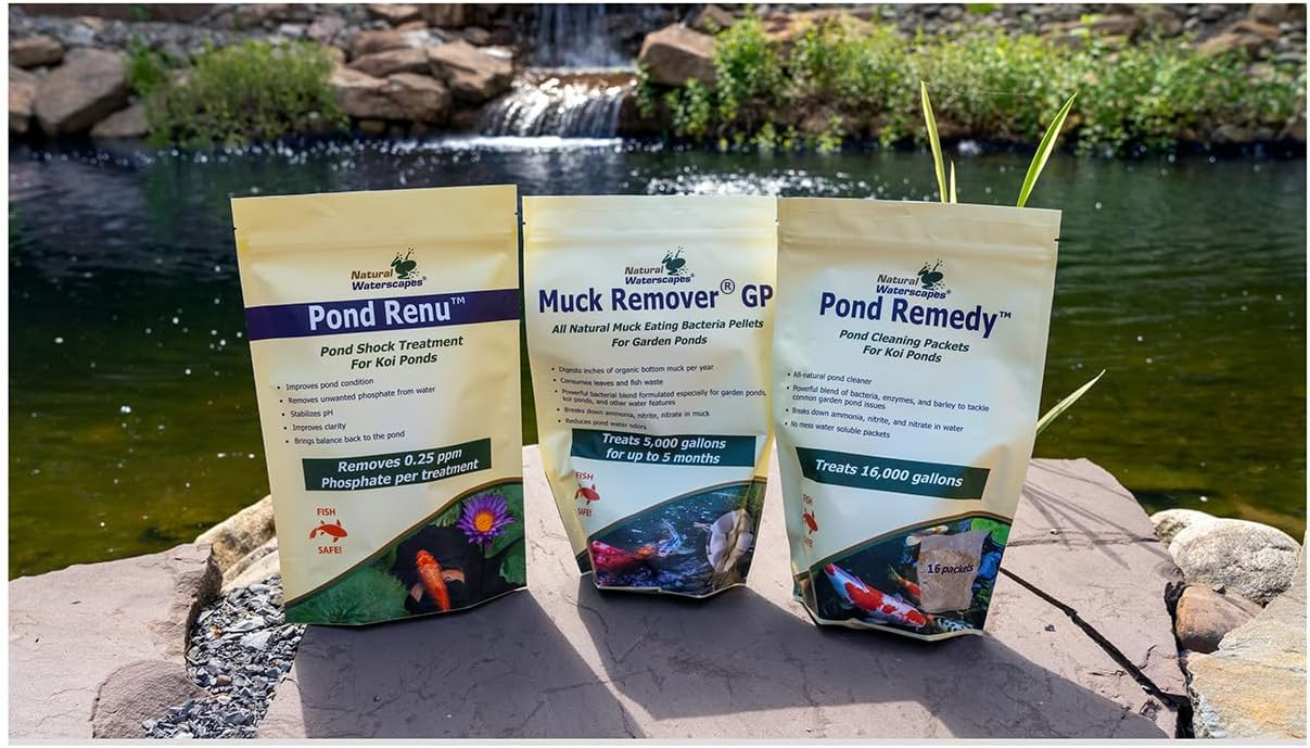 Koi Pond Maintenance Kit | Natural Pond Clarifier, Detoxifier, Sludge Remover for Backyard Pond | Includes Muck Remover GP, Pond Remedy, and Pond Renu
