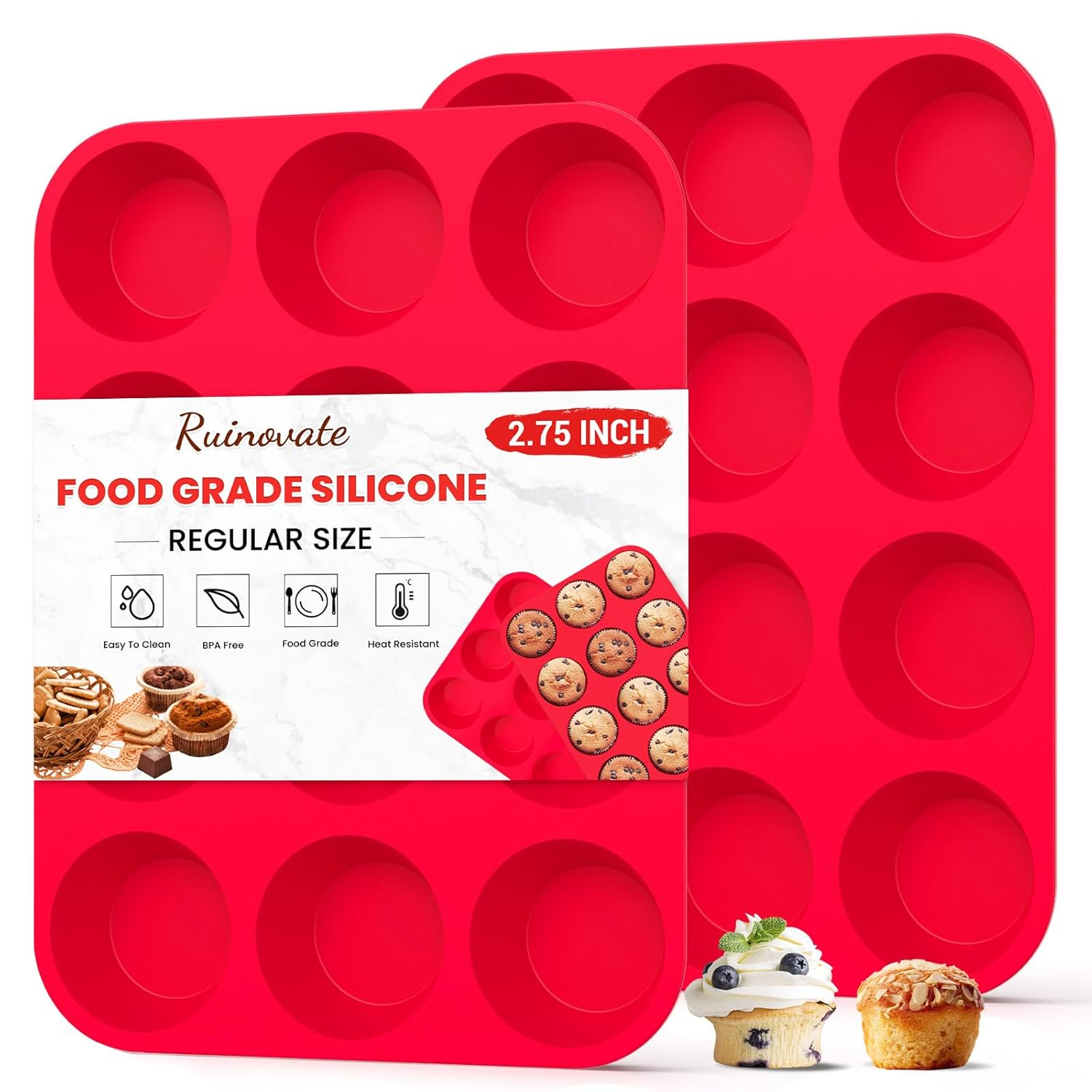 RUseeN Silicone Muffin Pan 2 Pack - 12 Cups Regular Silicone Cupcake Pan, Non-stick Silicone Great for Making Muffin Cakes, Tart, Bread - BPA Free and Dishwasher Safe
