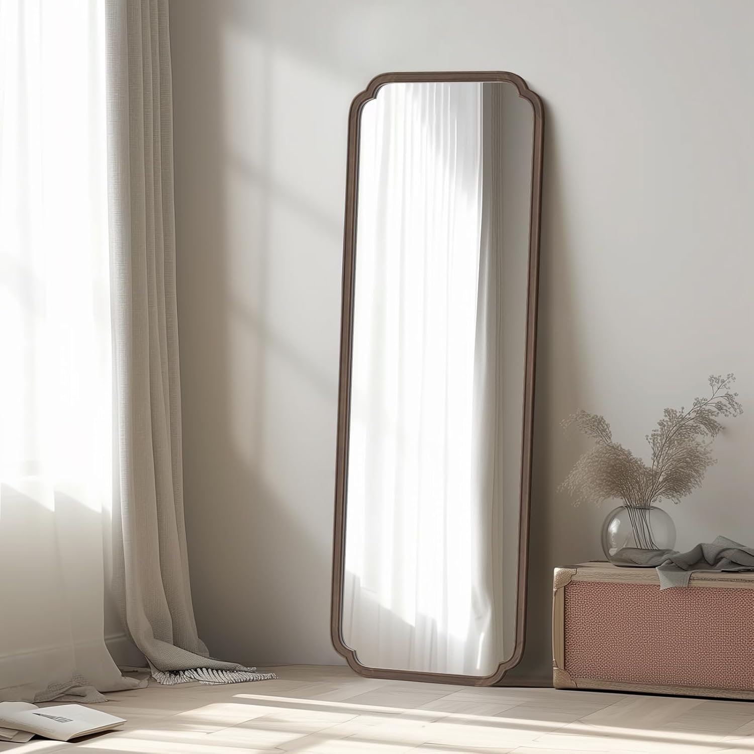 Walnut Full Length Rectangular Mirror with Intricate Wooden Frame