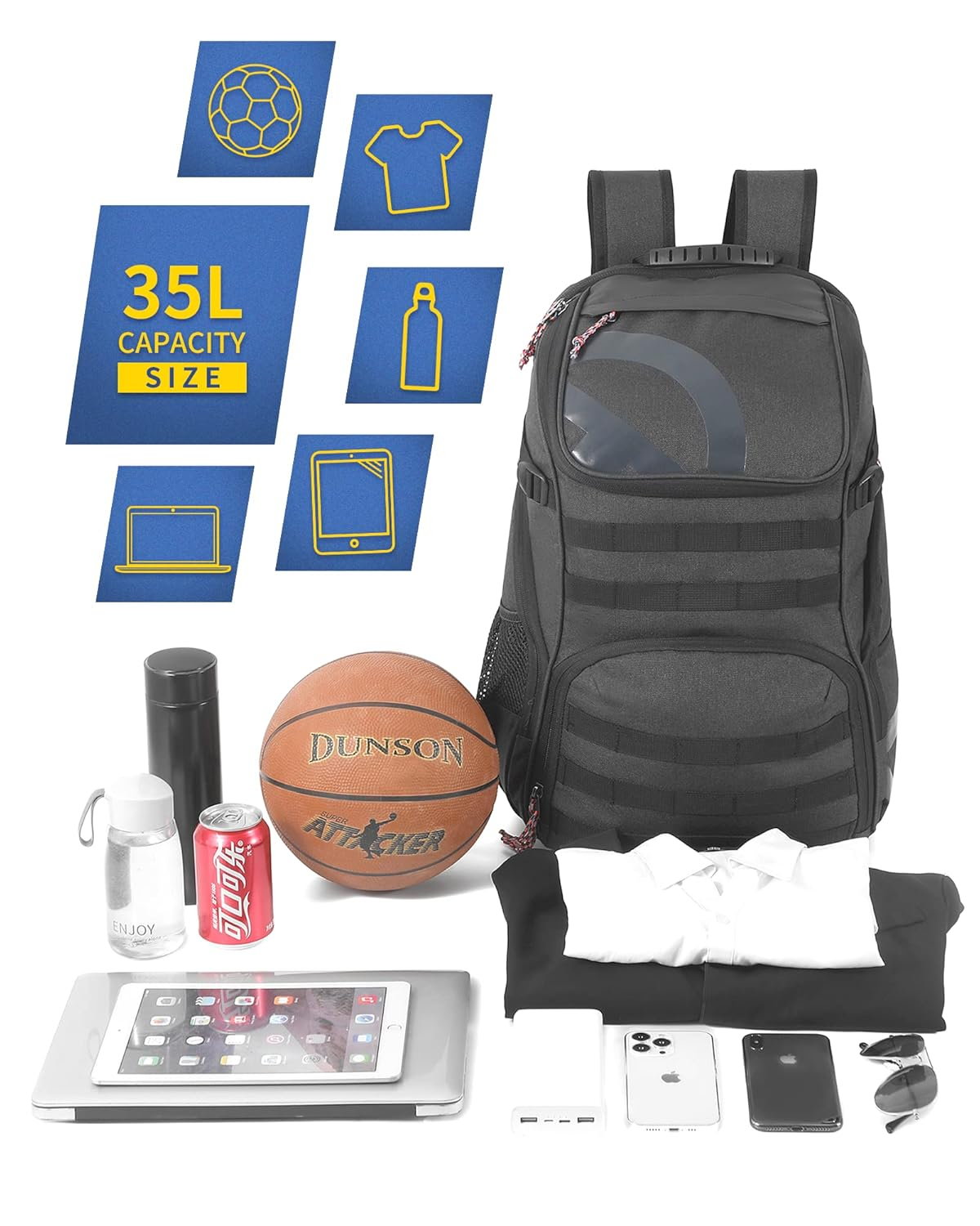 TRAILKICKER 35L Soccer Backpack with Attachable Shoe Bag and Ball Compartment, Sports Backpack for Basketball, Gym, Football & Volleyball, Charcoal Gray