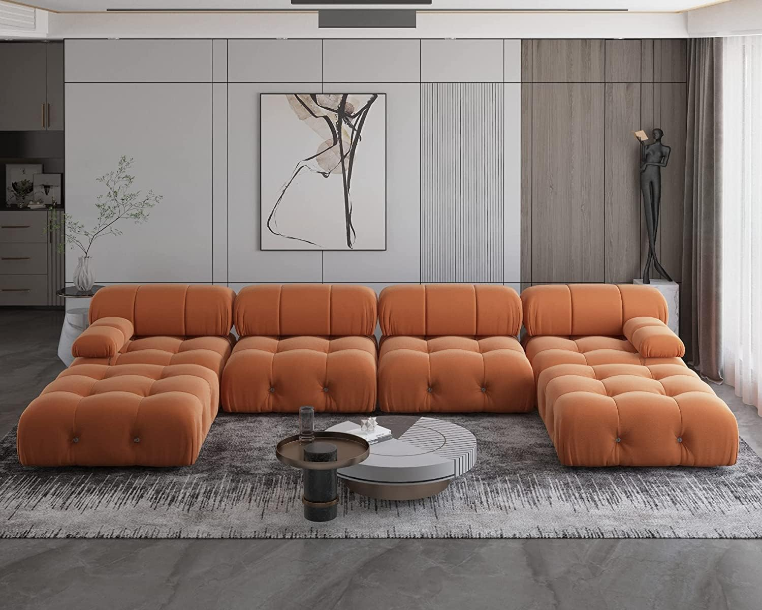 JACH U-Shaped Modular Sectional Couch, 138"" Minimalist Velvet Sofas, Convertible Couches, Mid-Century Modern Sectional Sofa with Chaise Ottomans for Living Room Apartment (Orange), 105OR-U-U