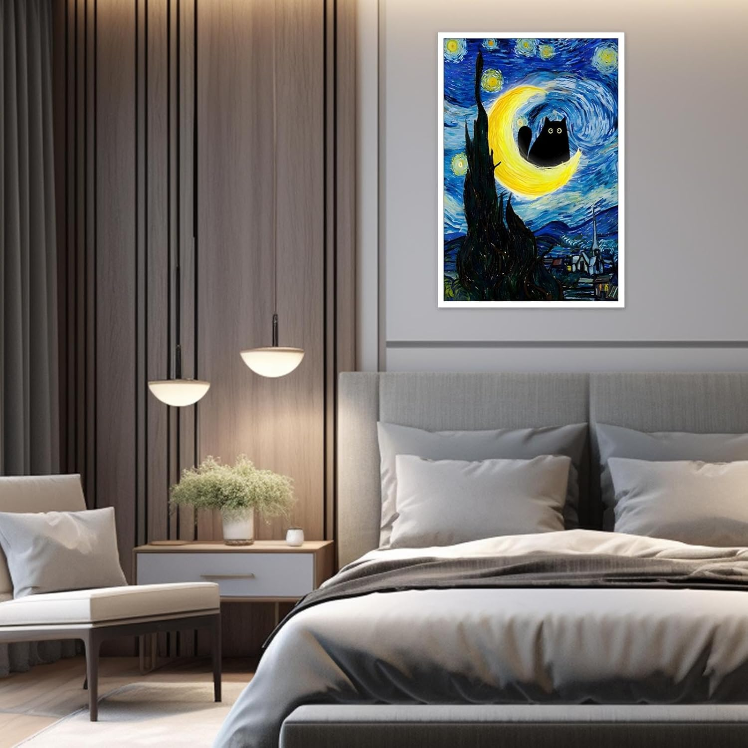 Starry Night Black Cat Canvas Wall Art 12x16