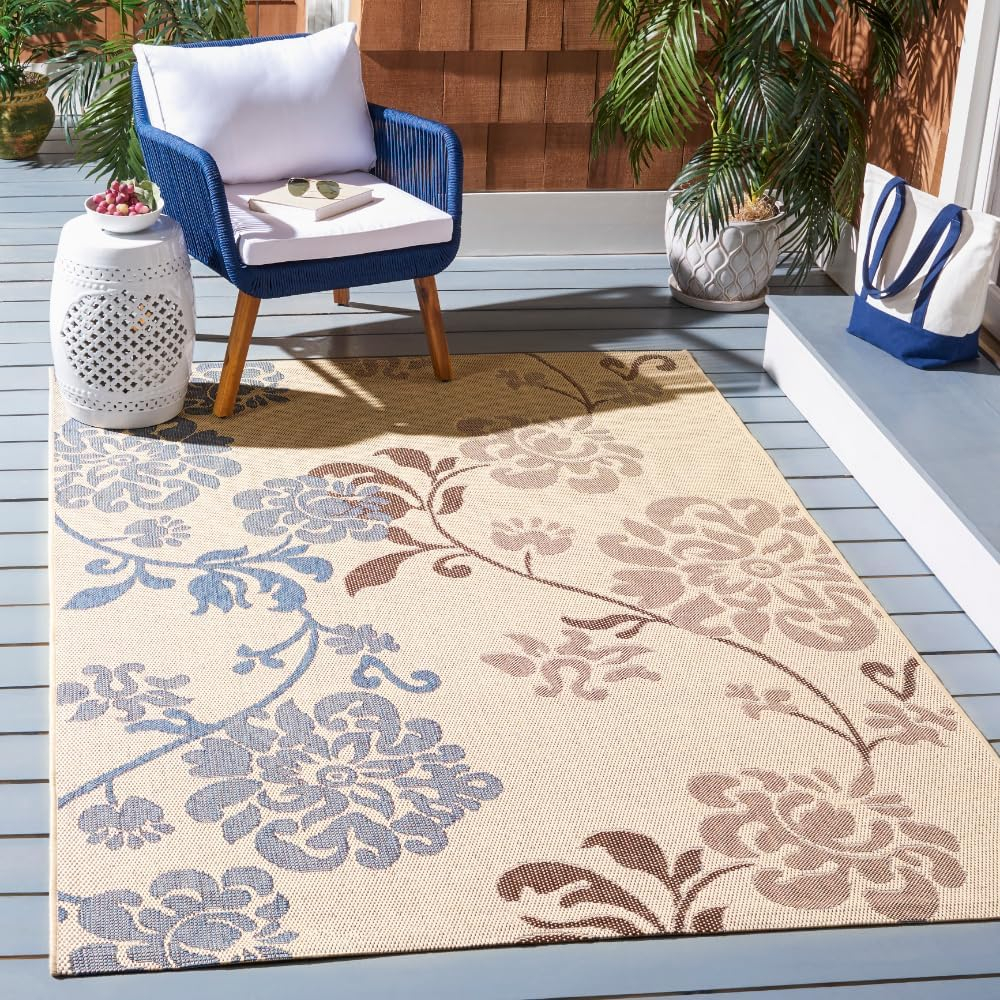 SAFAVIEH Courtyard Cindy Floral Indoor/Outdoor Area Rug, 5'3" x 7'7", Natural Brown/Blue