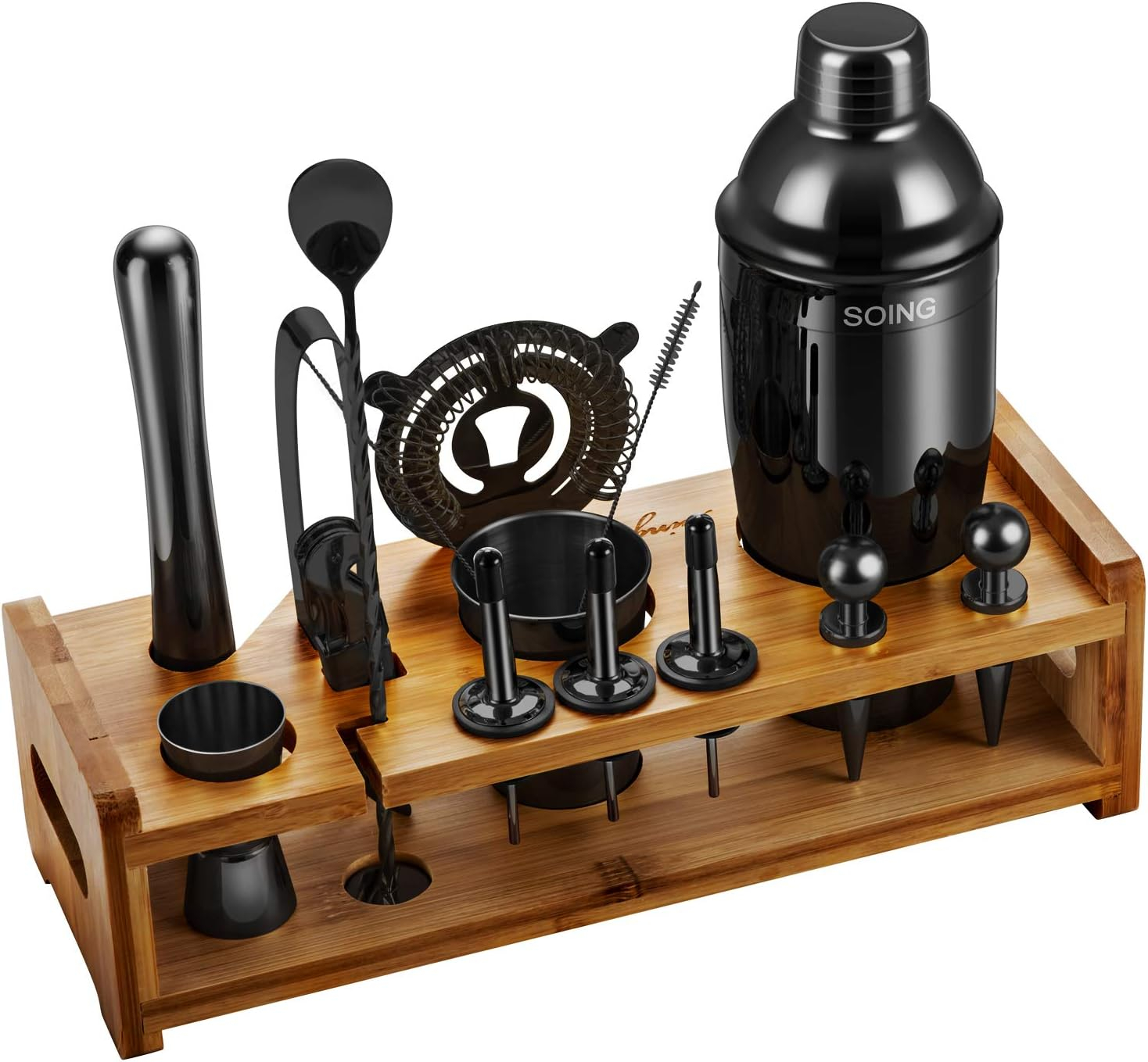 Soing Black 24-Piece Cocktail Shaker Set,Perfect Home Bartending Kit for Drink Mixing,Stainless Steel Bar Tools with Stand,Velvet Carry Bag & Recipes Included