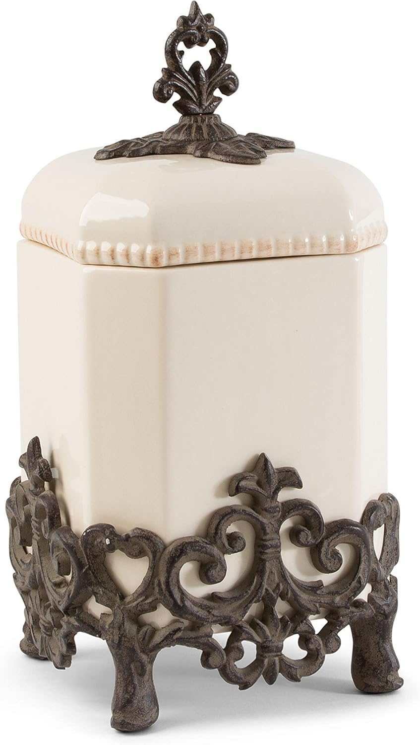 14-Inch Tall Provencial Cream Canister with Brown Metal Scrolled Base