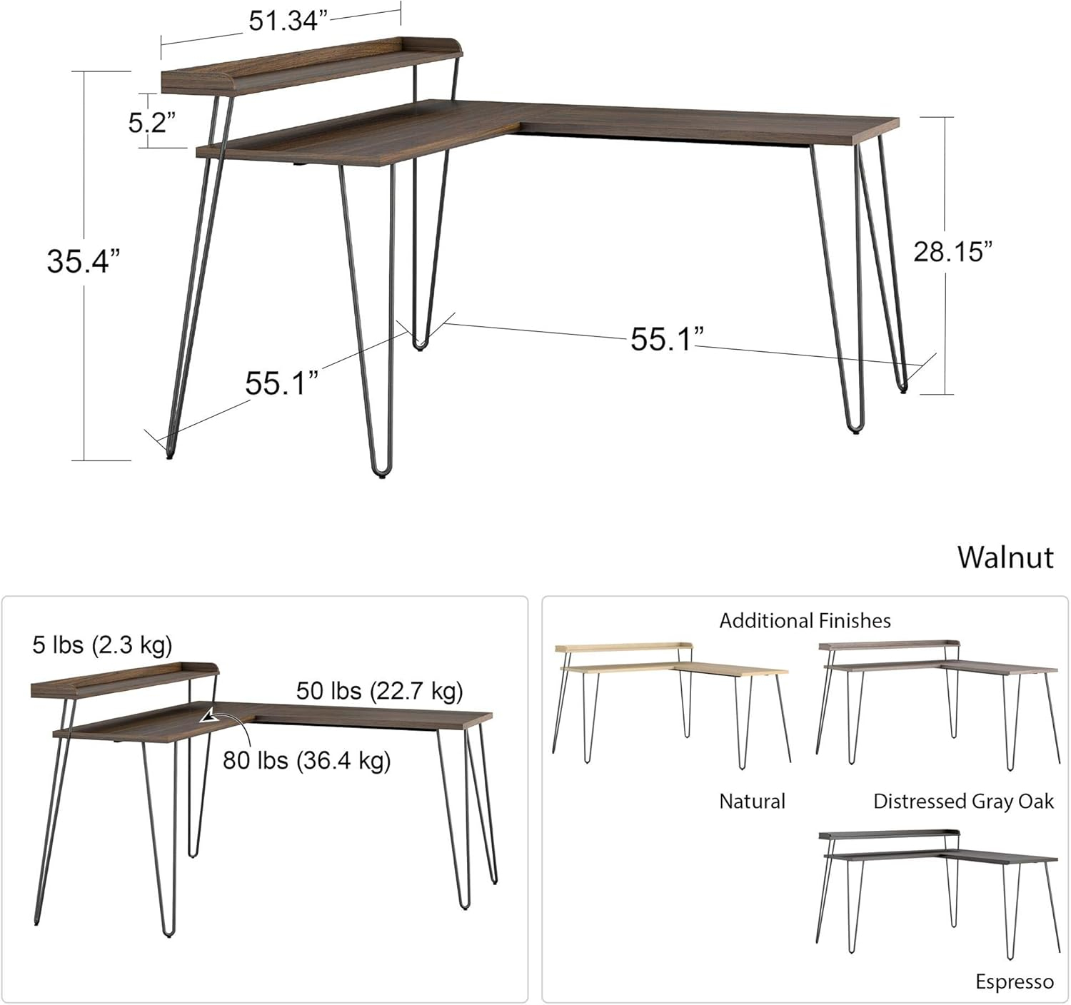 Shanewood 55.1 in. L-Shape Black Oak Computer Desk with Riser
