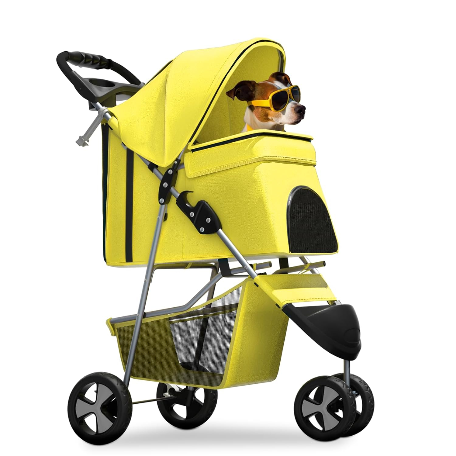 Zengpin 3-Wheel Pet Stroller, Foldable Travel Jogger for Small & Medium Dogs & Cats (Up to 33lbs), Lightweight Carrier with Breathable Mesh Cover, Cup Holder & Storage Basket, Yellow