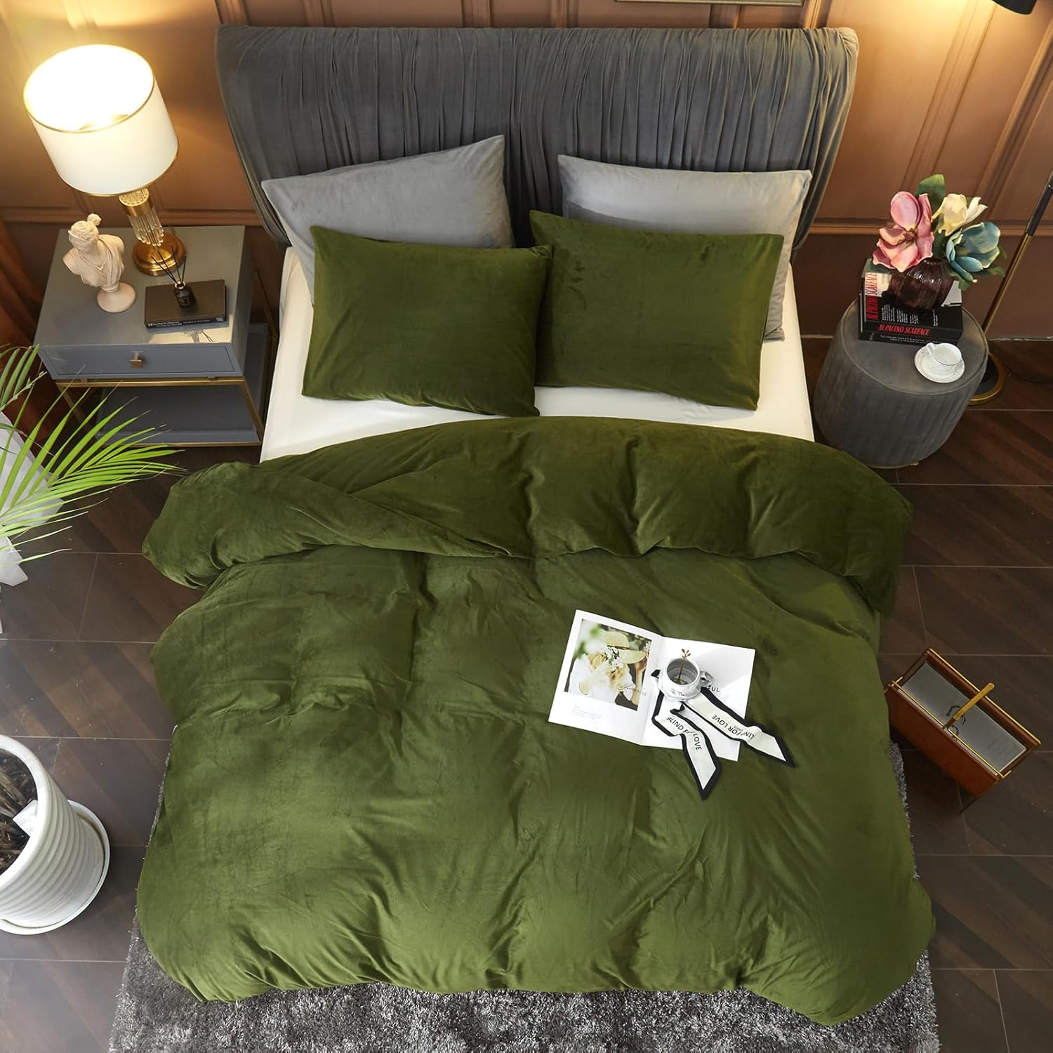 Ivellow Velvet Flannel Duvet Cover King Size Olive Green Comforter Cover Ultra Soft Breathable Cozy Velour Duvet Cover Solid Luxury Bedding Set Zipper Closure Corner Ties