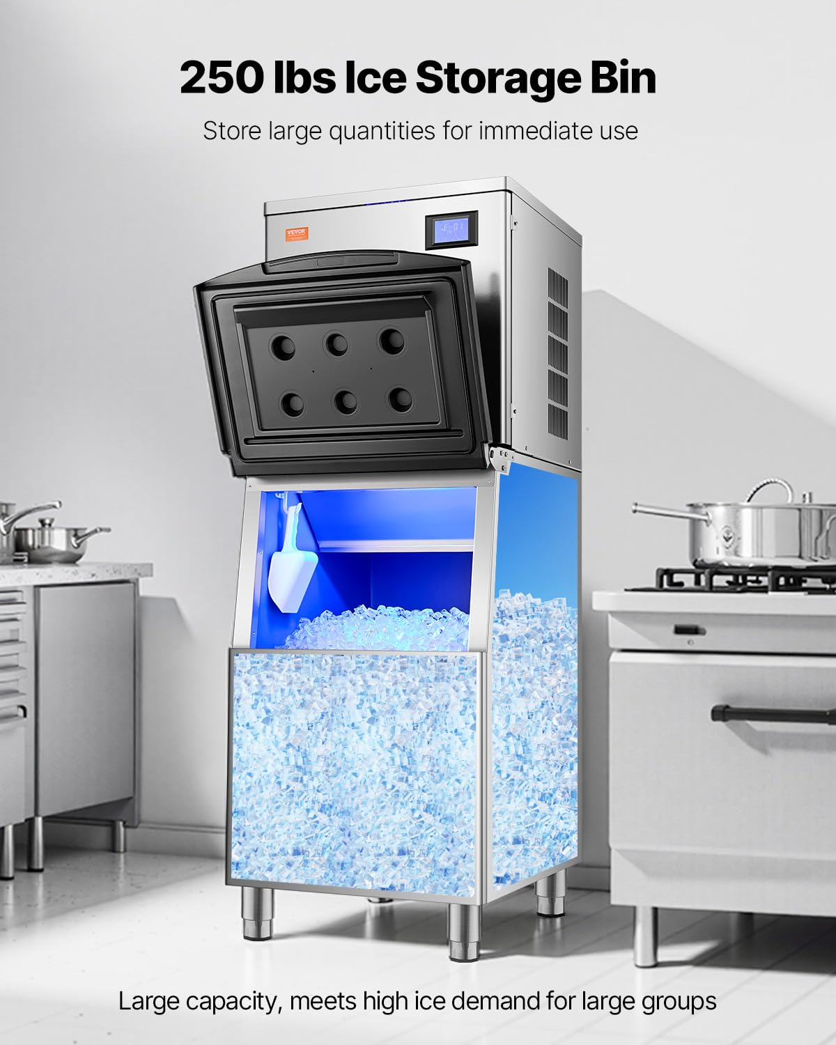 VEVOR Commercial Ice Maker Storage Bin, 250LBS Capacity Ice Bin, Stainless Steel Ice Storage Bin with Filter and Adjustable Anti-Slip Rubber Feet, Suitable for Restaurant Hotel and Beverage Shops