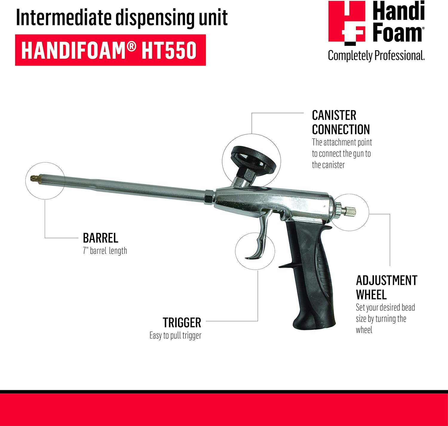 HandiFoam HT550 Gun Foam Applicator, 7 in. (18 cm) Barrel, Adjustable Bead Control, Compatible with Most Gun Foam Cans, Intermediate-Level Professional Polyurethane Spray Foam Gun
