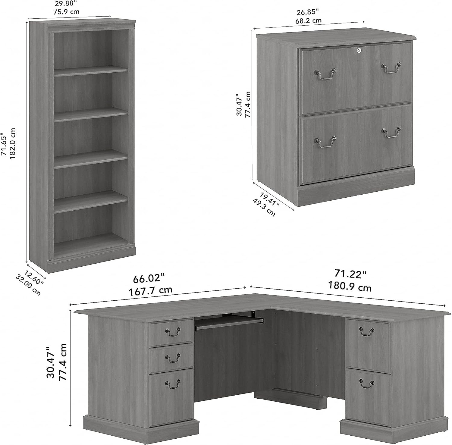 Modern Gray Engineered Wood L-Shaped Desk Set with Bookcases and File Cabinet