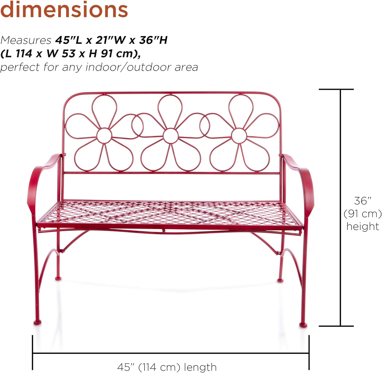 Alpine Corporation 45" x 21" x 36" Steel Daisy Garden Bench, Red