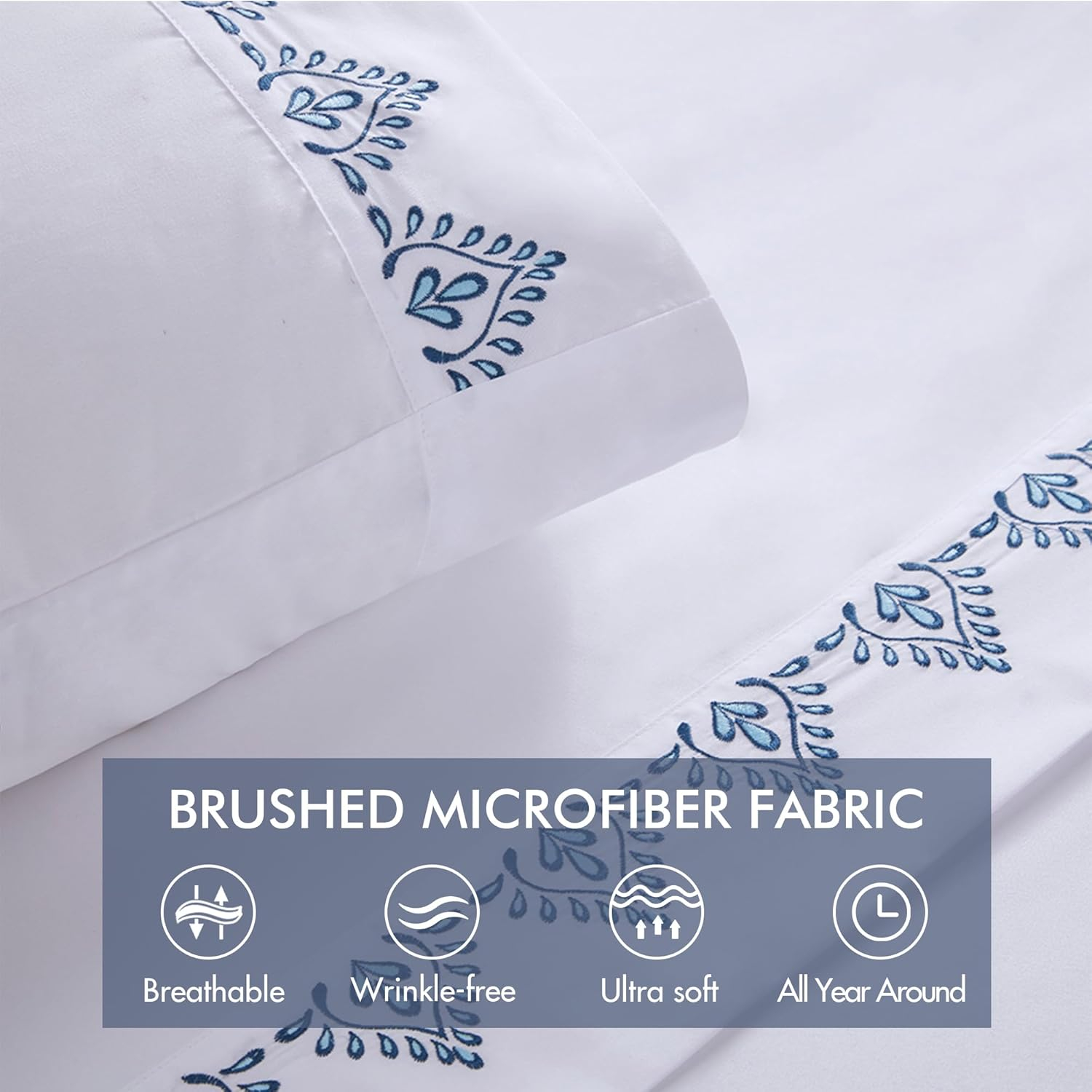 Madison Park Full Blue Blossom Embroidered Microfiber Sheet Set