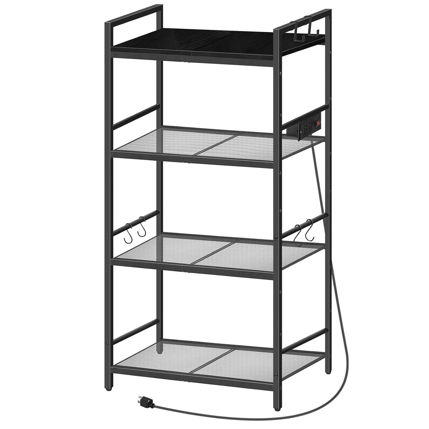 Bakers Rack with Power Outlet, Microwave Stand with Hooks, Multifunctional Storage Rack, Coffee Bar with Enclosure, Kitchen Storage Shelf, for Kitchen, Dining Room, Black BRHB40E01