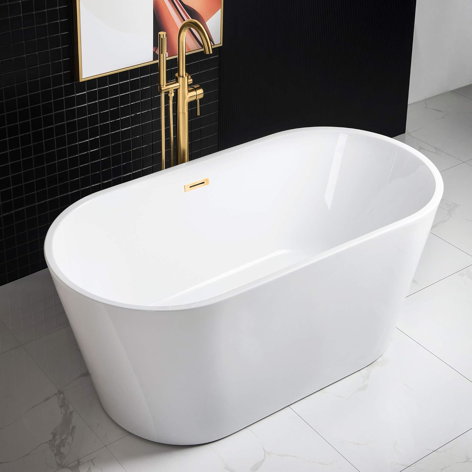 WOODBRIDGE 59" Acrylic Freestanding Bathtub Contemporary Soaking White Tub with Brushed Gold Overflow and Drain,B0014-BG