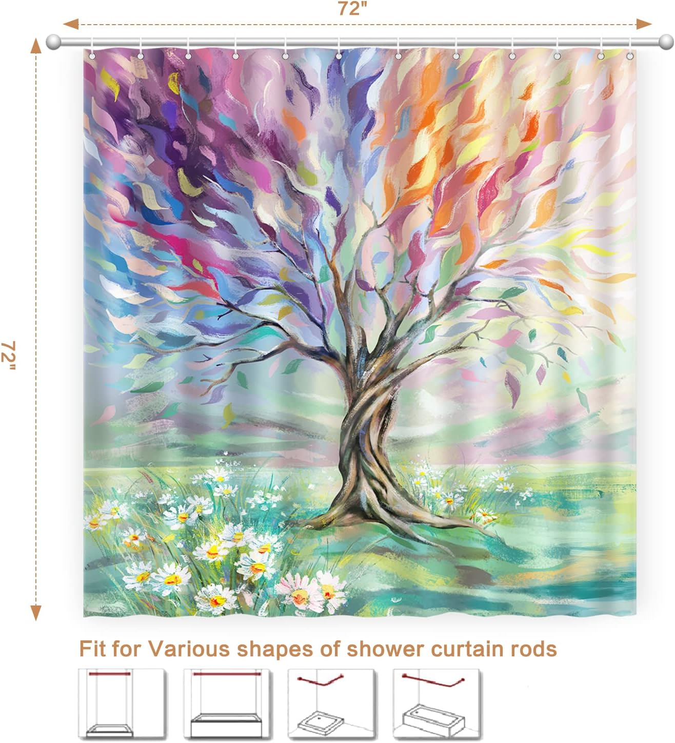 Oil Painting Tree Shower Curtain, Colored Seasons Tree Shower Curtain for Bathroom with 12 Hooks Polyester Fabric Washable Summer Shower Curtain Set Home Office Farmhouse Decor Bath Curtain