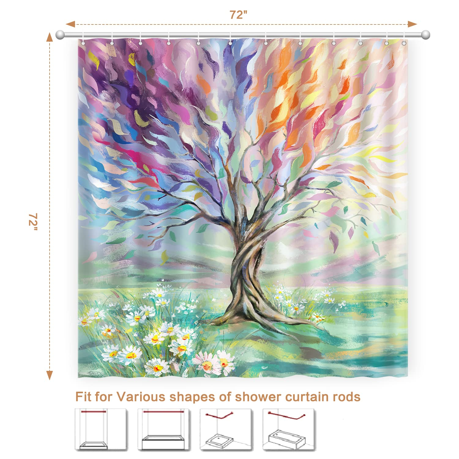 Oil Painting Tree Shower Curtain, Colored Seasons Tree Shower Curtain for Bathroom with 12 Hooks Polyester Fabric Washable Summer Shower Curtain Set Home Office Farmhouse Decor Bath Curtain
