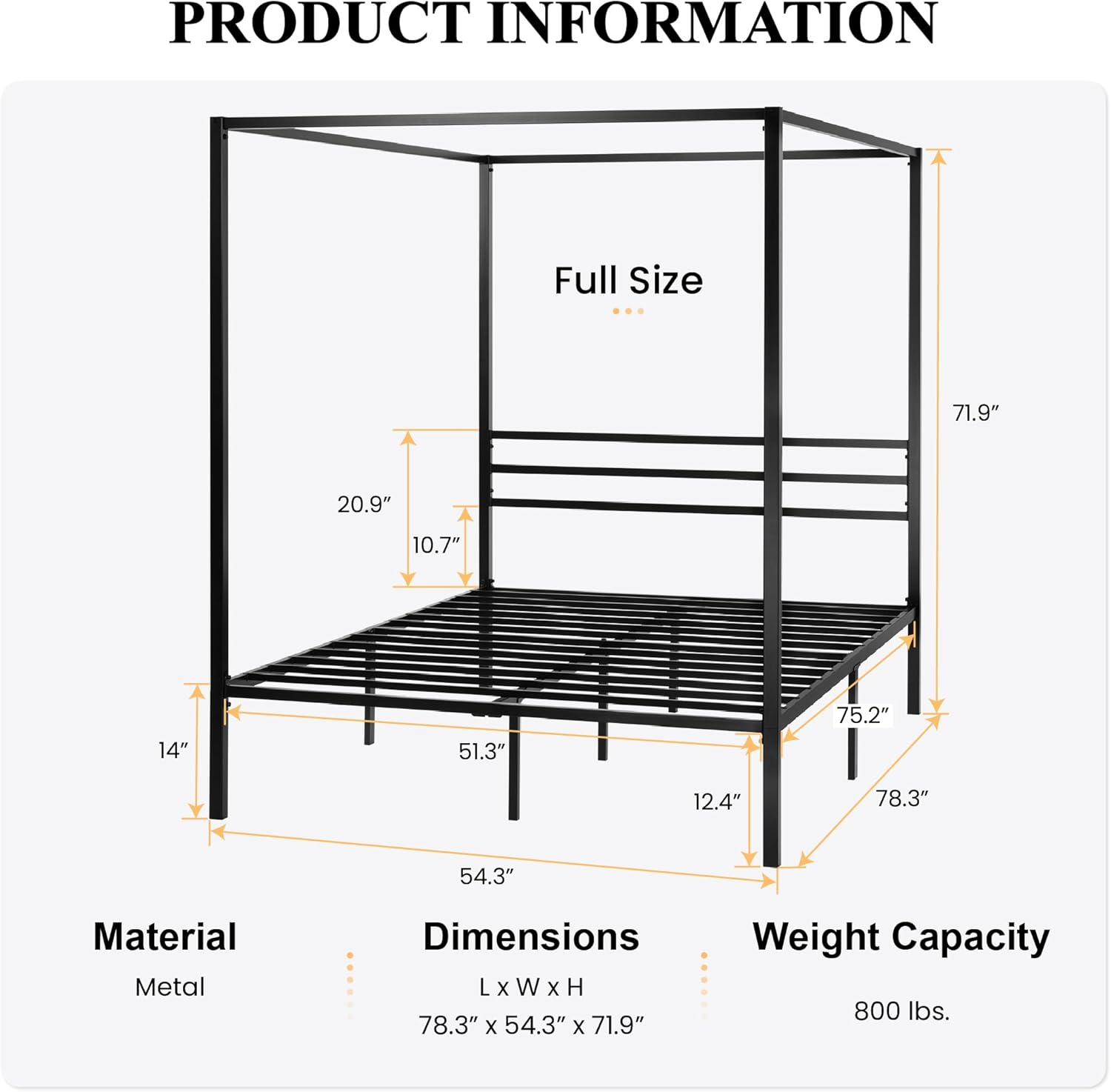 SHA CERLIN Canopy Bed Frame Full Size/Mattress Foundation with Metal Slats Support/No Box Spring Needed/Easy Assembly/Black