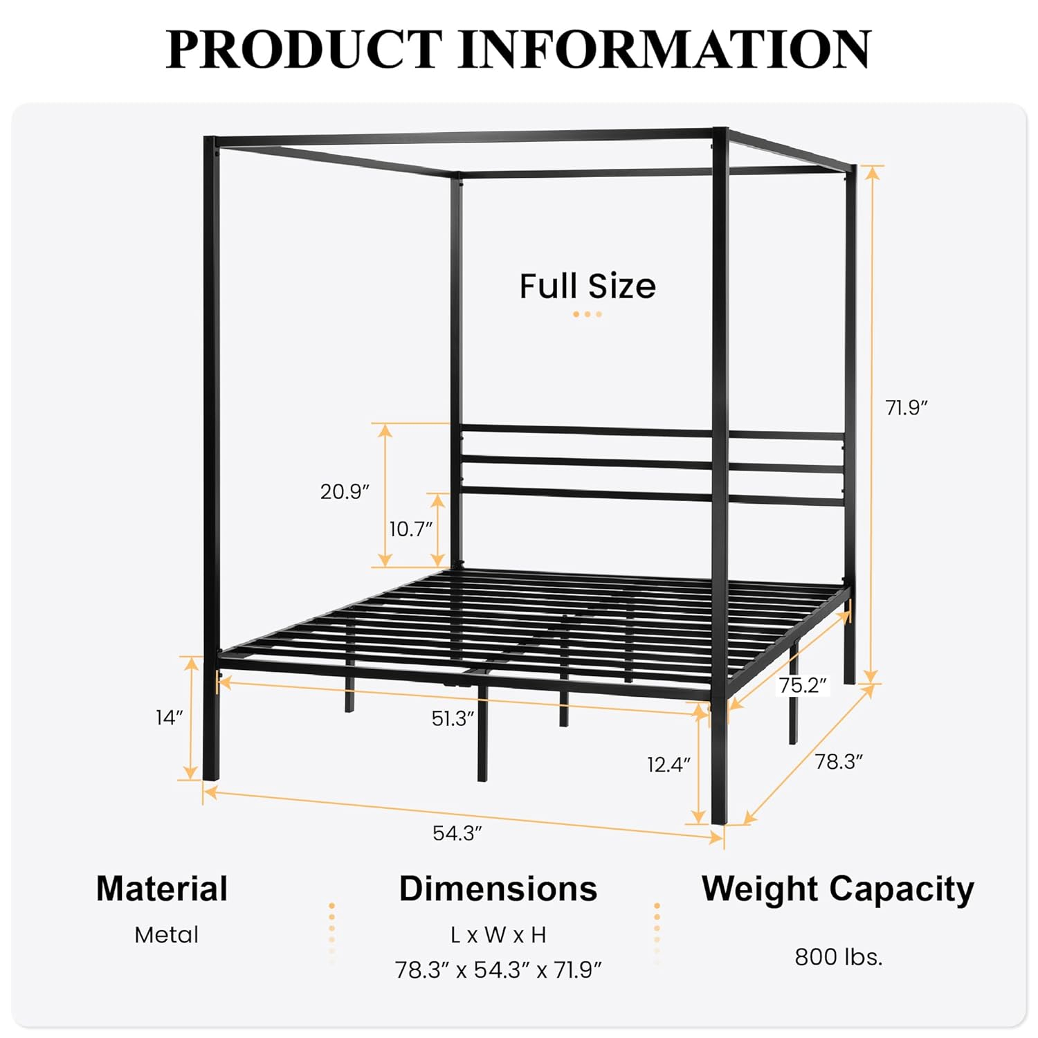 SHA CERLIN Canopy Bed Frame Full Size/Mattress Foundation with Metal Slats Support/No Box Spring Needed/Easy Assembly/Black