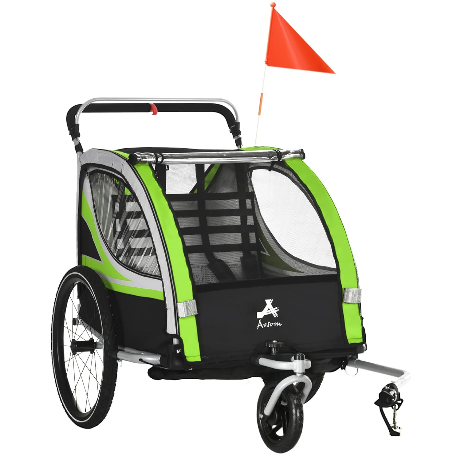 Aosom 2-in-1 Walk/Ride Child Baby Bike Trailer for Kids 2 Seater, High-Visibility Bike Stroller for Toddler Wagon, Weather-Strong Double Bicycle Trailer Accessory for Kids