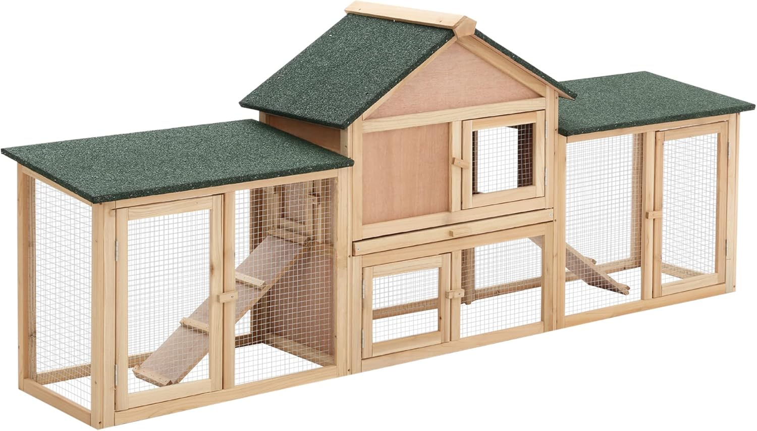 PawHut 83" L Outdoor Rabbit Hutch with Double Runs, Large Guinea Pig Cage Indoor, Wooden Bunny Hutch with Weatherproof Roof, Removable Tray, Ramps, Natural