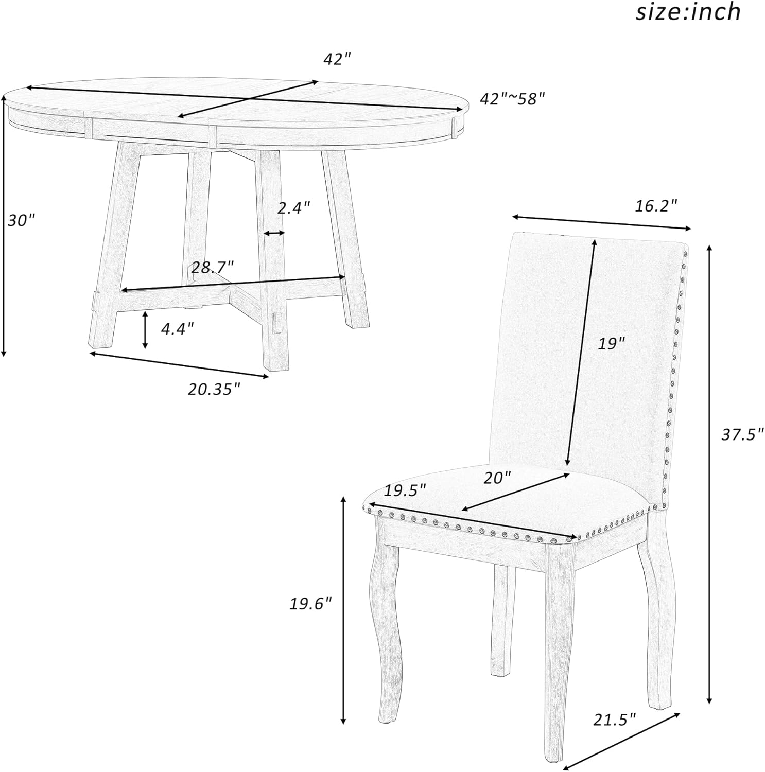 P PURLOVE 5 Pieces Dining Table Set Round Kitchen Extendable Dining Table with 4 Upholstered Chairs for Dining Room, Chair with Nail Head Trim, Bistro Table Set, Natural Wood Wash