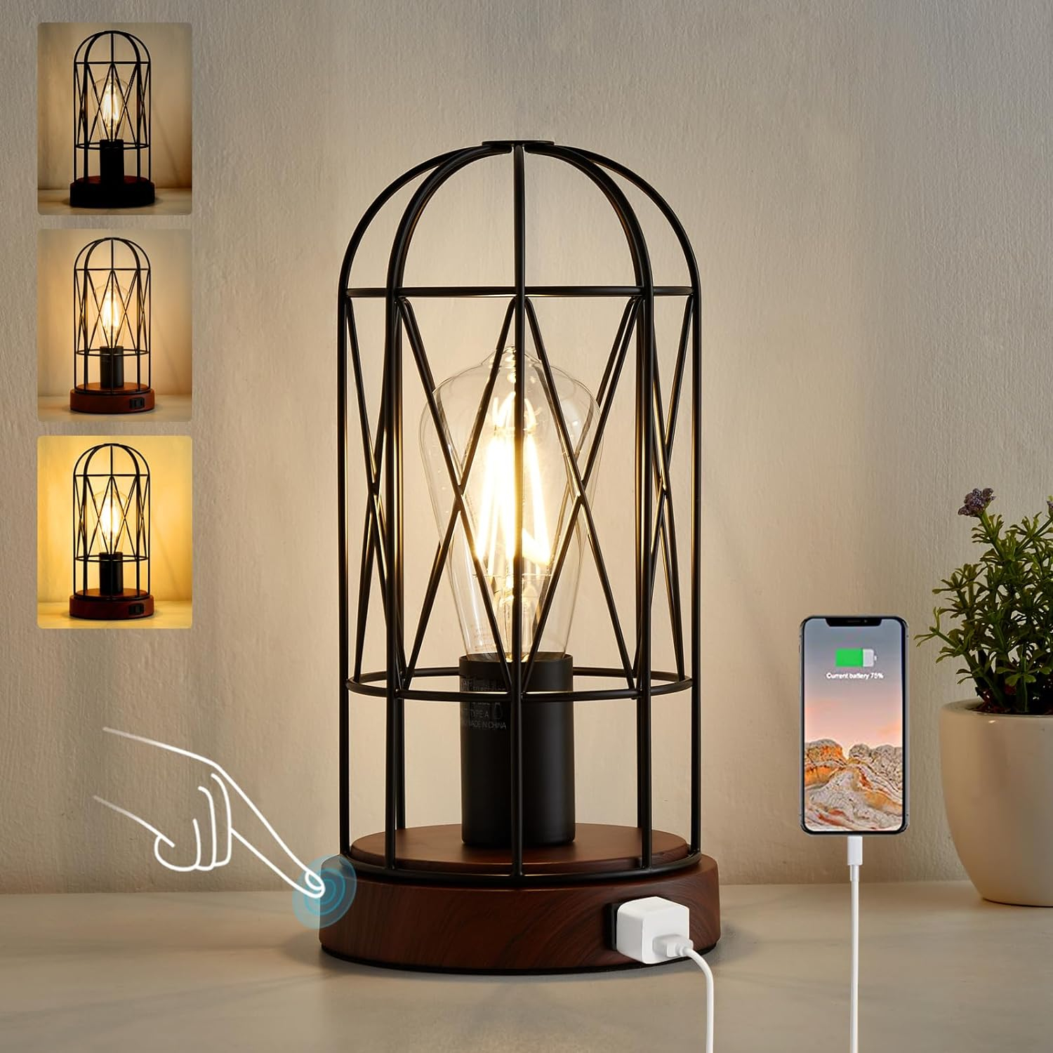 GyroVu Industrial Table Lamp, Small Touch Control Edison Desk Lamp 3 Way Dimmable Vintage Bedside Lamp with AC Outlet Metal Cage Steampunk Nightstand Lamp for Living Room, Bedroom or Den