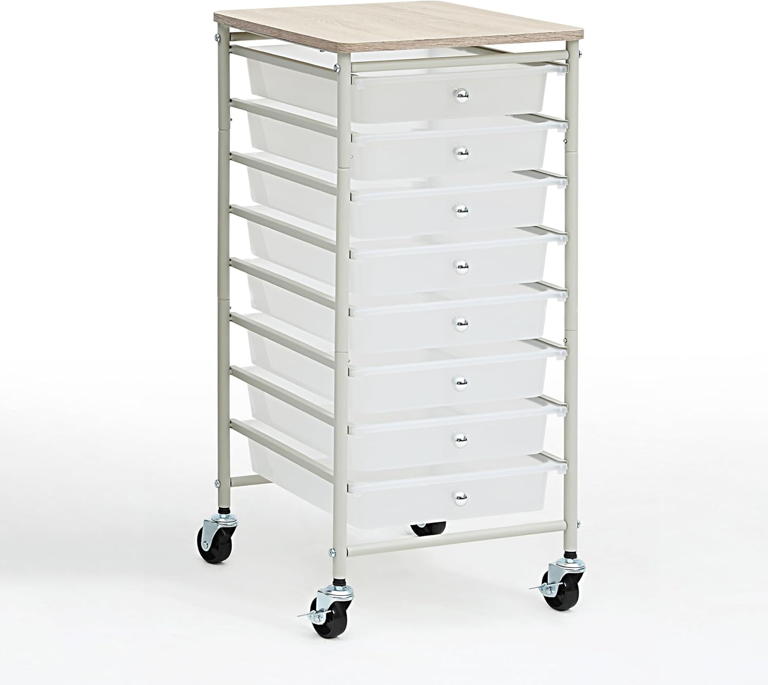 SunnyPoint 8-Drawer Rolling Storage Cart with Wooden Top – Mobile Organizer with Lockable Wheels for Office, Home, and Closet Storage (White)