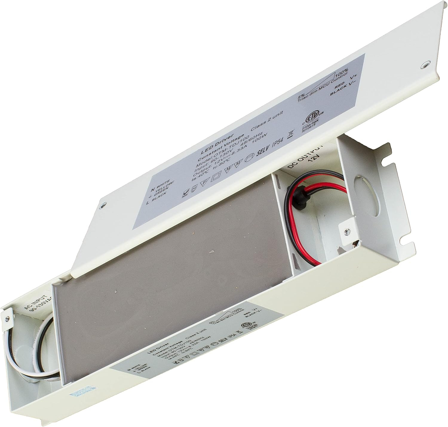 Triac Dimmable LED Driver, ETL 100v-130v to 12v 100w DC Constant Voltage Junction Box Enclosed Power Supply for LED Strip Light Compatible with Lutron Leviton AC Wall Dimmer Control