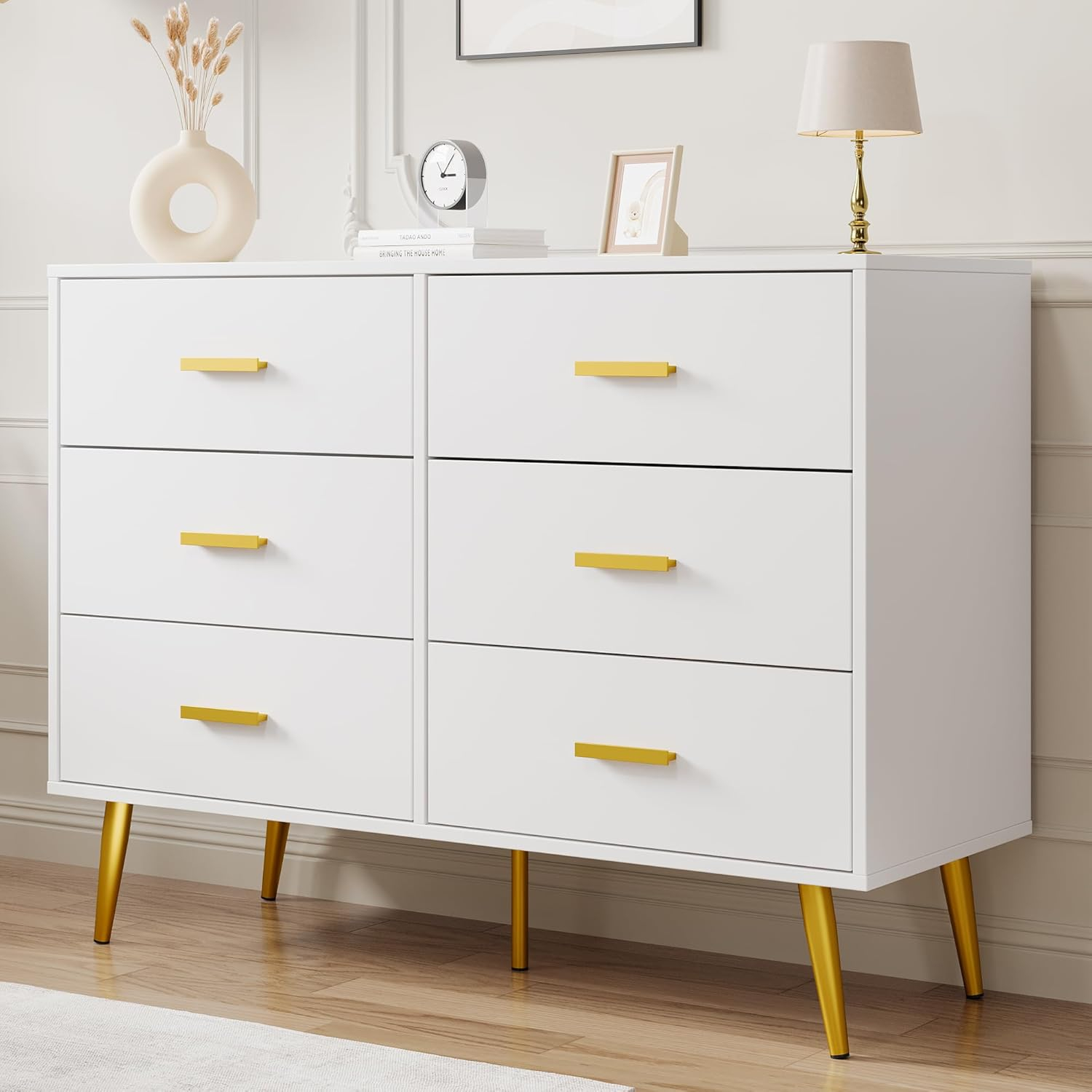 Danolapsi 6 Drawer Dresser,6-Drawer Chest of Drawers for Bedroom,Wooden Dresser with Gold Handles,Chest Dresser with Deep Drawers Modern Storage Drawers for Bedroom,Living Room and Entryway