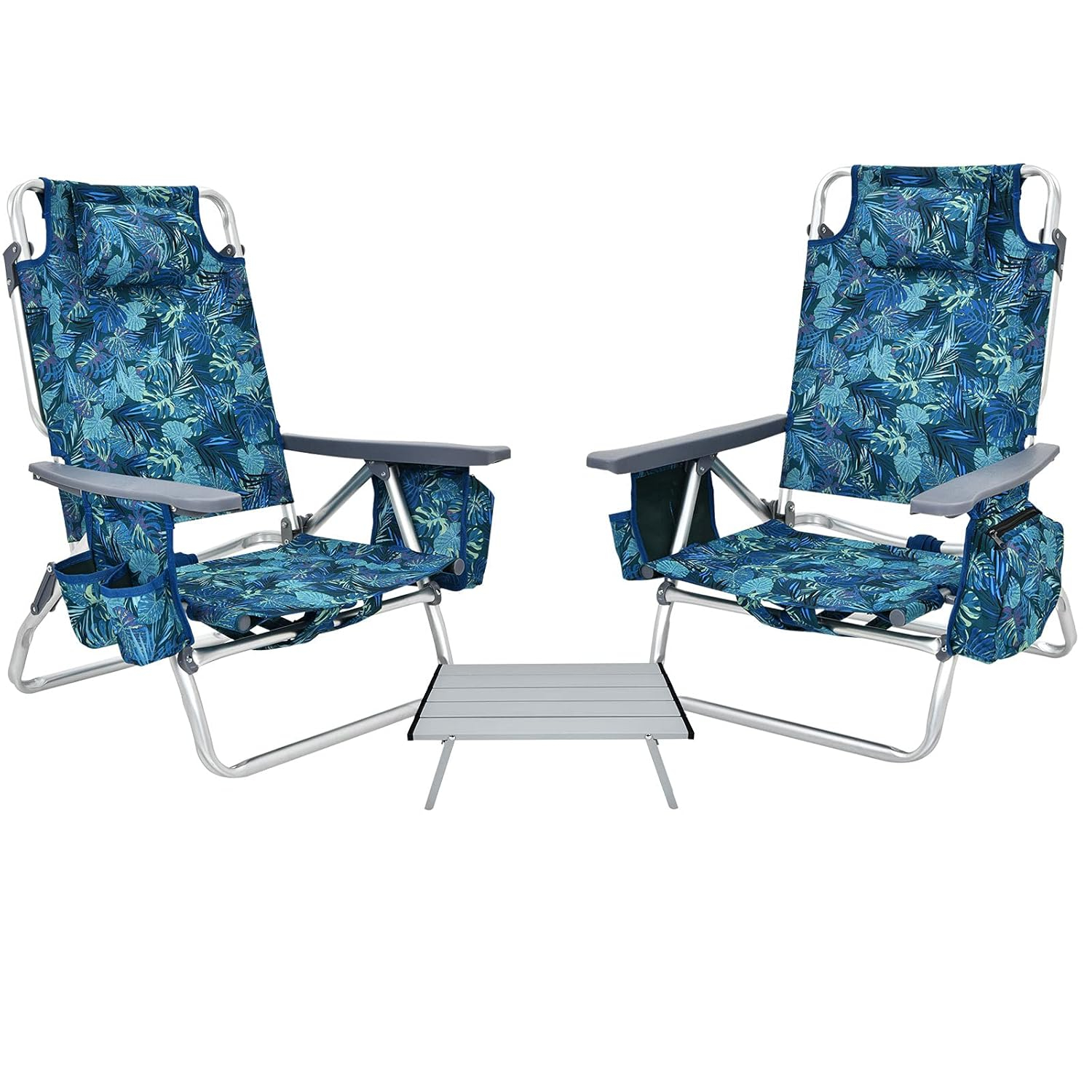 GYMAX Beach Chairs, 2-Pack Backpack Camping Chair with Armrest, Cooler Bag, Cup Holder, Towel Bar & Side Pockets, Sunbath Sling Tanning Lounge, Folding Layout Chairs (Blue Leaves, with Table)