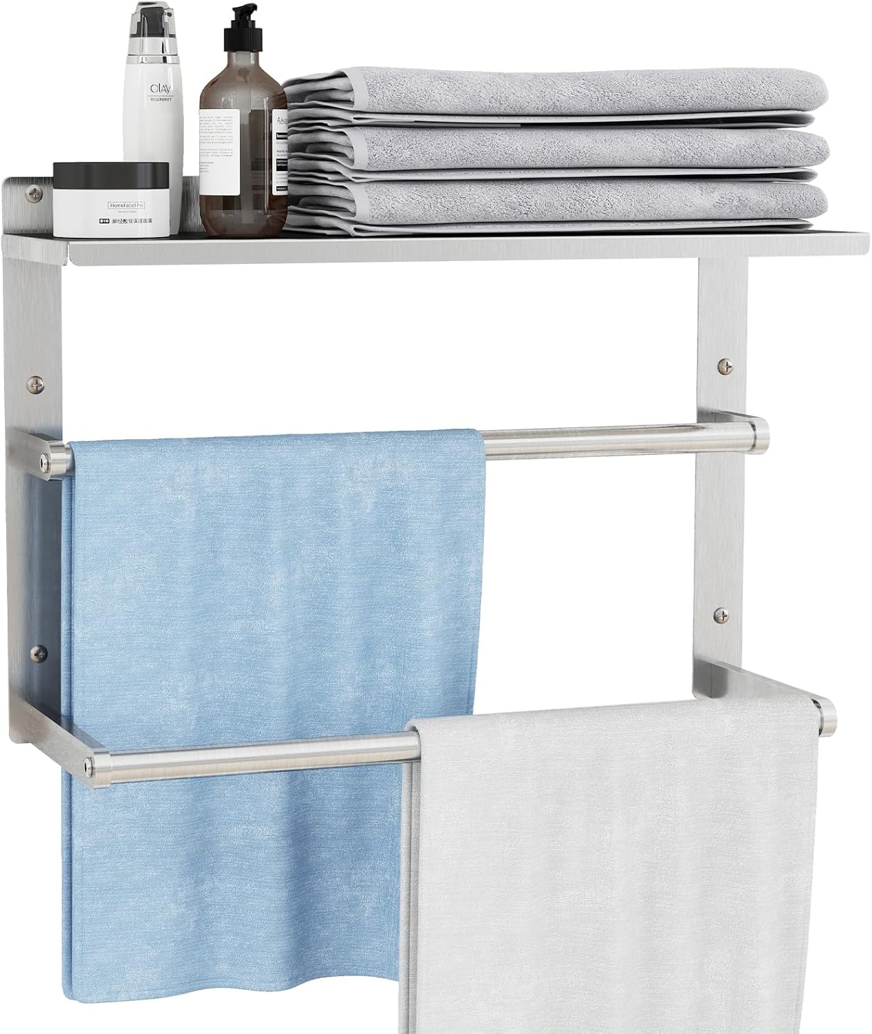 Towel Racks for Bathroom 3-Tier, 16.5" Hotel Towel Shelf with Double Towel Bar, Brushed Nickel Towel Rack Wall Mounted Stainless Steel Bathroom Towel Shelves Towel Holder for Bathroom Lavatory