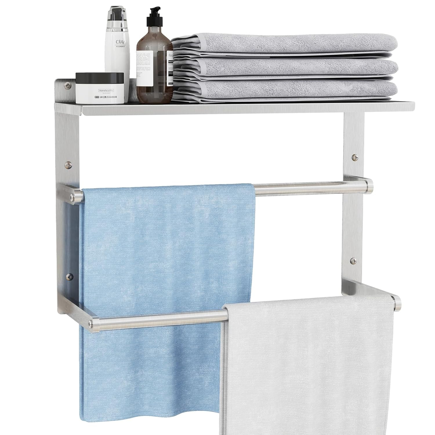 Towel Racks for Bathroom 3-Tier, 16.5" Hotel Towel Shelf with Double Towel Bar, Brushed Nickel Towel Rack Wall Mounted Stainless Steel Bathroom Towel Shelves Towel Holder for Bathroom Lavatory