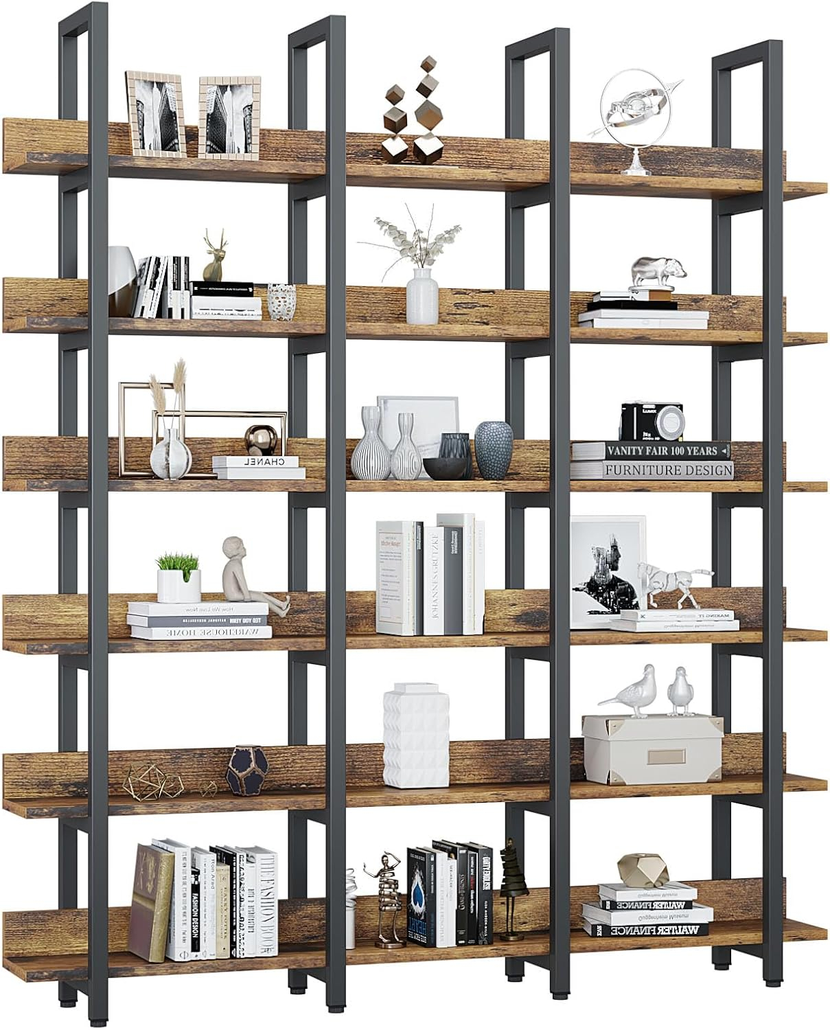 Oneinmil Bookcase and Bookshelves Triple Wide 6 Tiers Large Open Shelves, Vintage Bookcase for Office Home Decoration, Easy to Assemble, Classical Brown