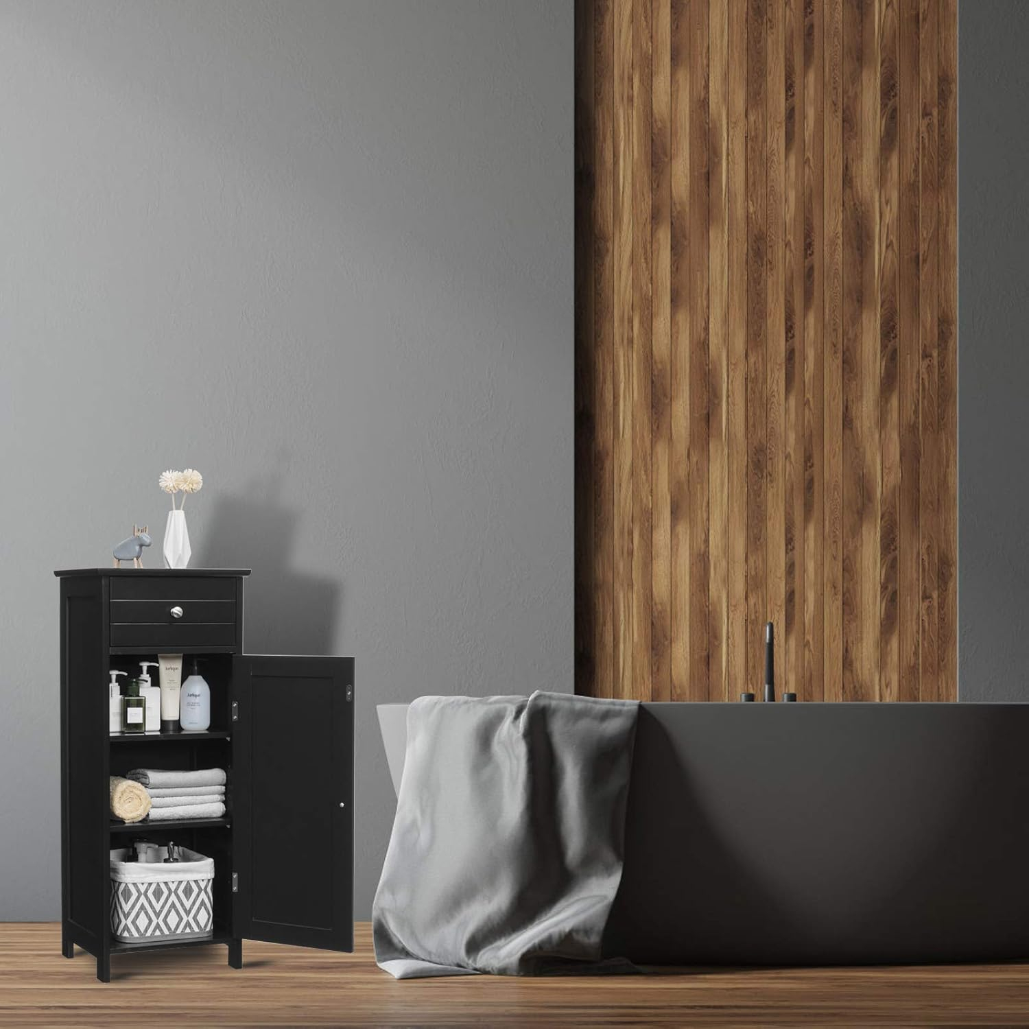 Bathroom Floor Cabinet, Standing Cabinet with Drawer and Doors, Storage Cabinet with 2 Adjustable Shelves, Brown