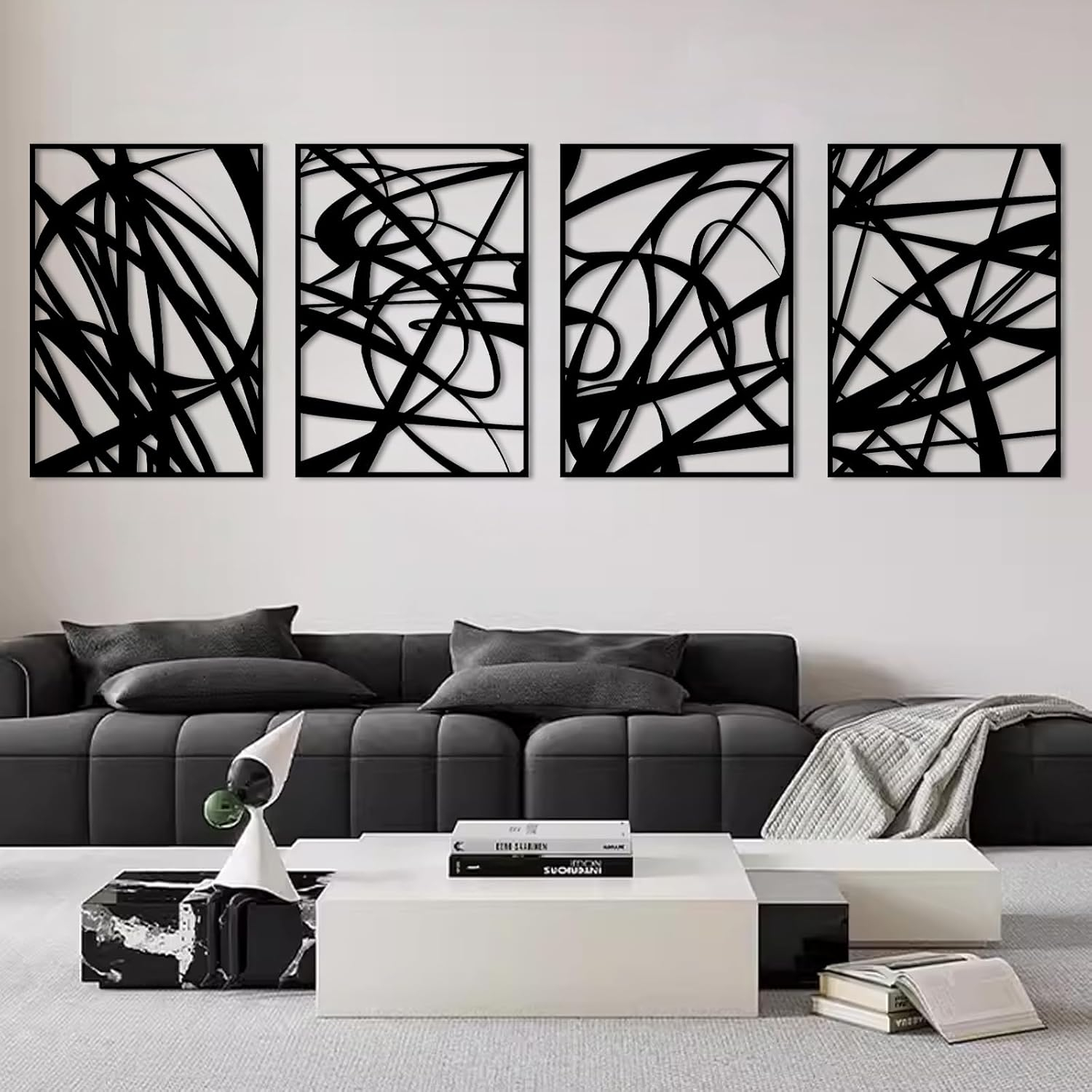 WINUSD 4Pcs Abstract Black Metal Wall Art, 3D Textured Metal Wall Decor, Modern Hollow Out Design Metal Wall Sculptures, Minimalist Line Art Home Decor for Living Rooms Offices Restaurants(16 x 11)