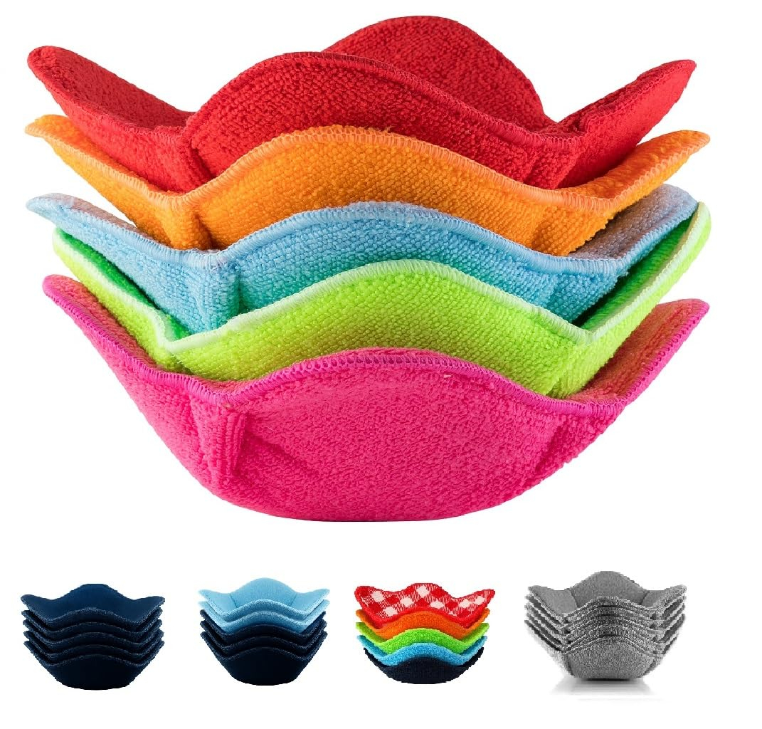SHILA Bowl Snuggies, Multicolor Set of 5 Microwave-Safe Hot Bowl Holders to Keep Your Hands Cool and Your Food Warm, Polyester & Sponge Heat Resistant Dish Pads for Soup, Rice and Pasta