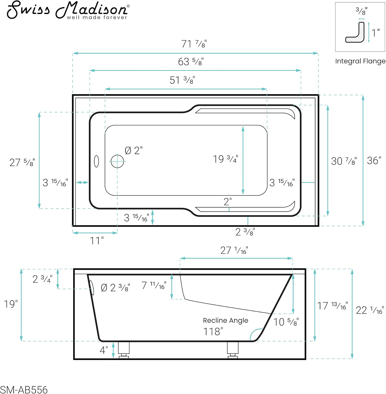 Voltaire 72" x 36" Left-Hand Drain Alcove Bathtub with Apron and Armrest
