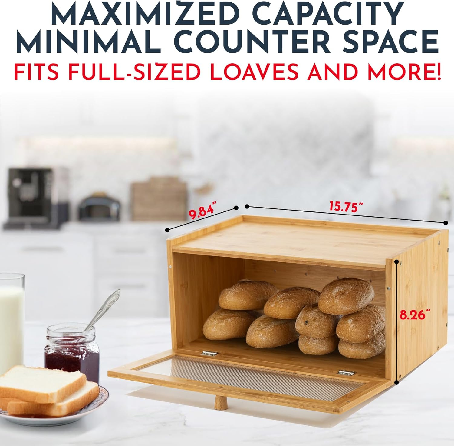 Culinary Couture Bamboo Bread Box for Kitchen Countertop - Large Capacity Storage BreadBox for Homemade Bread with Acrylic Window and Extra Top Storage
