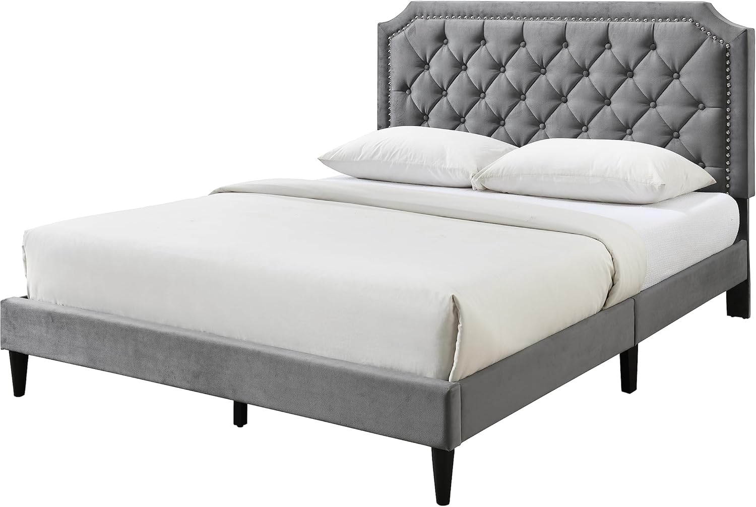 Urban Home Furniture Ava Plush Velvet Tufted Buttoned Upholstered Headboard Clipped Edge Nailhead Decorated Platform Bed Frame with Wood Slats Support Legs Queen - Charcoal Grey