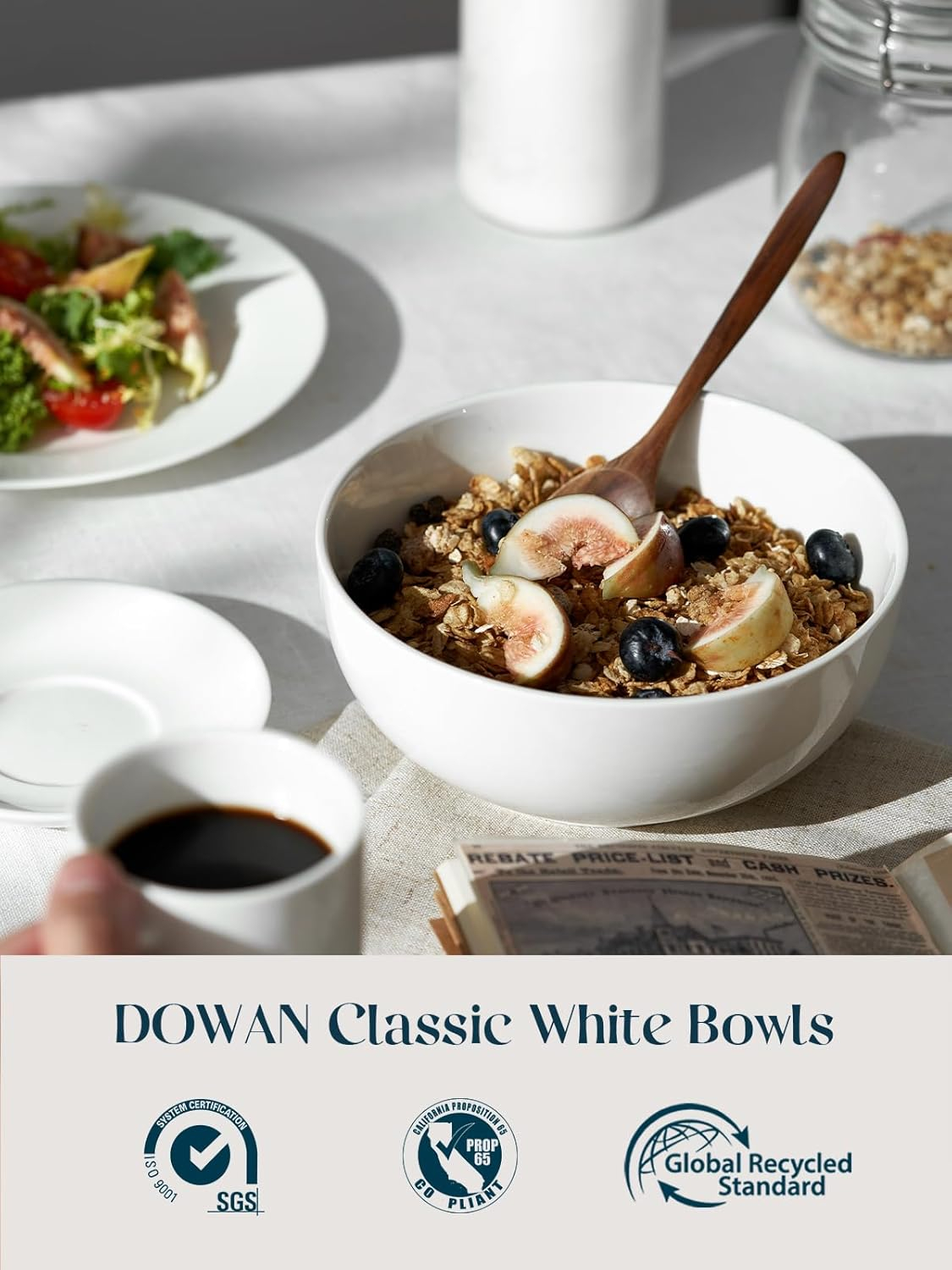 DOWAN 39 OZ Large Deep Bowls Set of 4 - White Ceramic Bowls for Ramen, Pasta, Salad, Mixed Fruit - Dishwasher & Microwave Safe