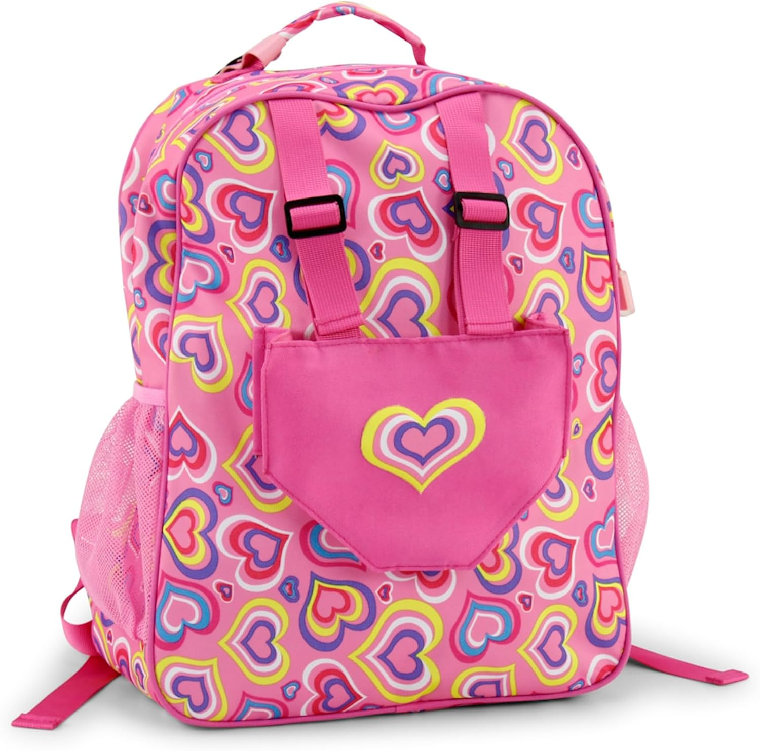 Playful Hearts Pink Polyester Kids Backpack with Doll Carrier