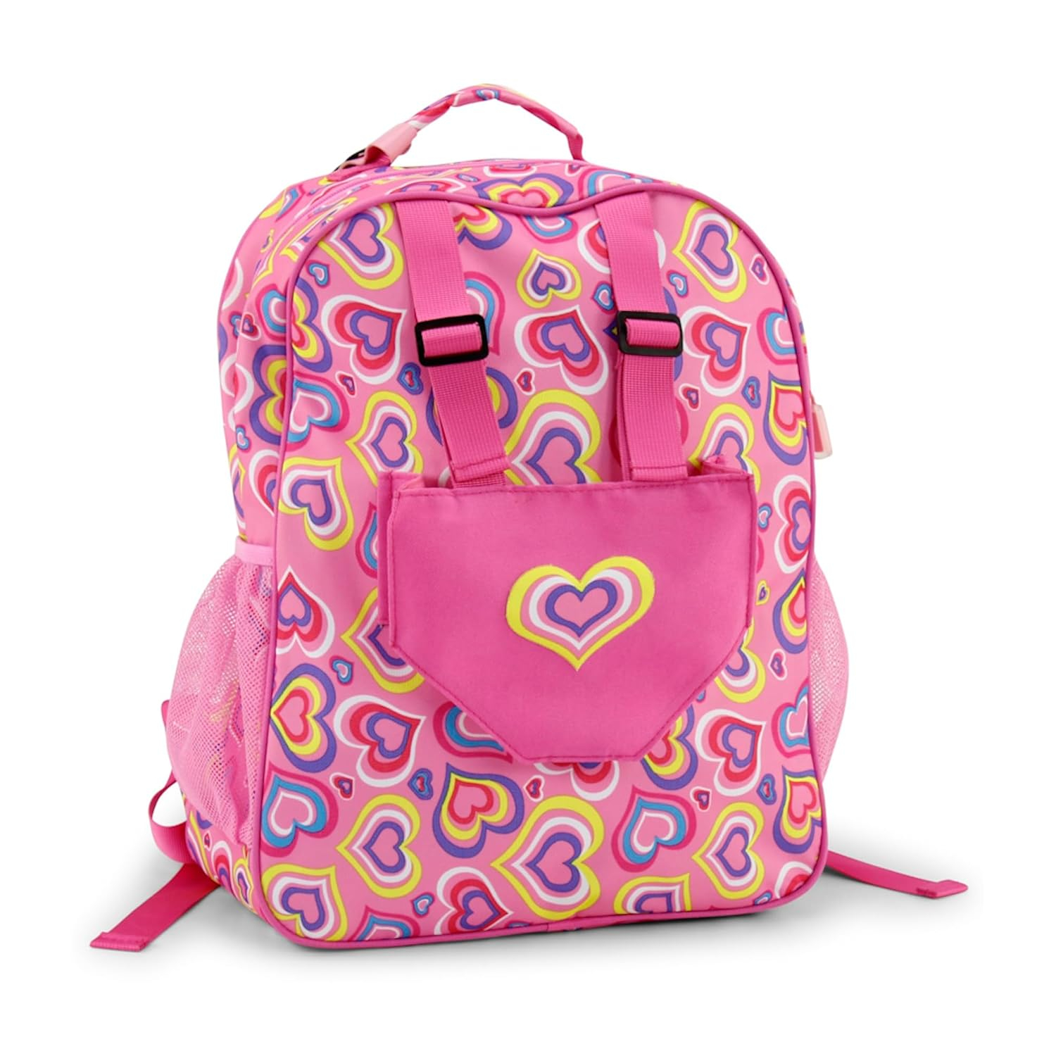 Playful Hearts Pink Polyester Kids Backpack with Doll Carrier