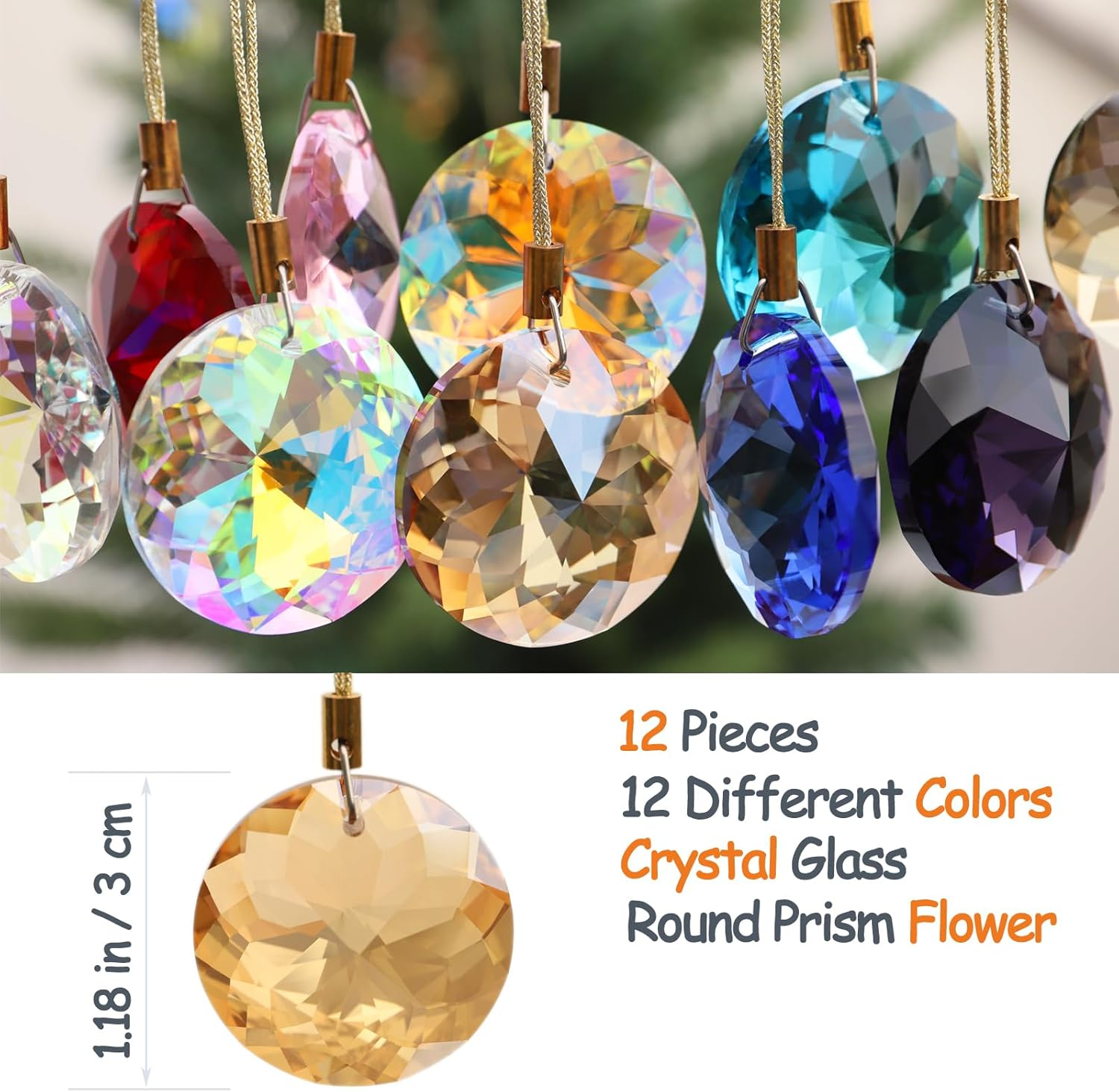 12 Pcs Crystal Glass Christmas Balls Ornaments, 1.18″ Mini Round Prism Flower Xmas Tree Decorations, Hanging Ornament for Wedding Party Home Decor (Multicolor)