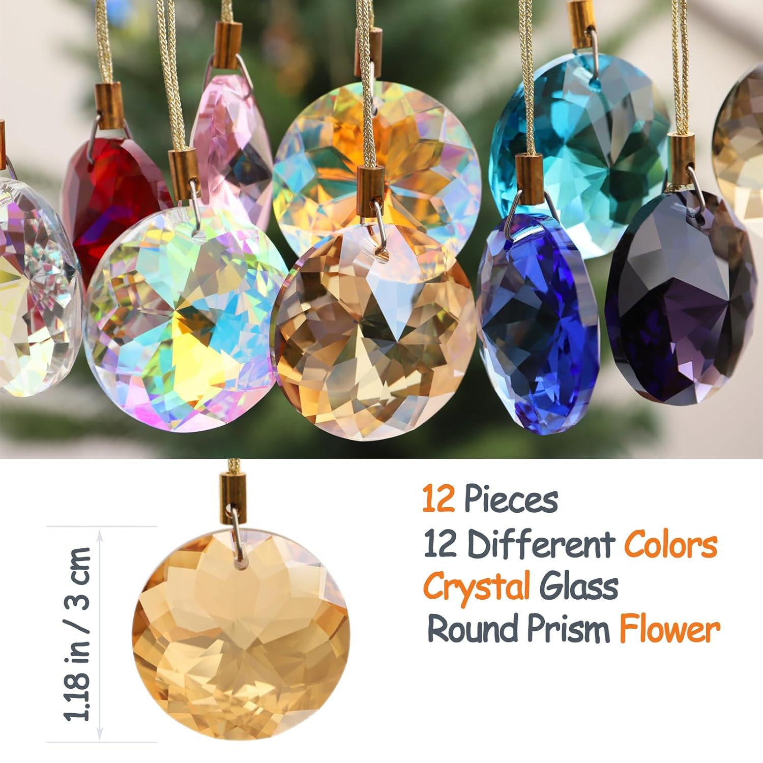 12 Pcs Crystal Glass Christmas Balls Ornaments, 1.18″ Mini Round Prism Flower Xmas Tree Decorations, Hanging Ornament for Wedding Party Home Decor (Multicolor)