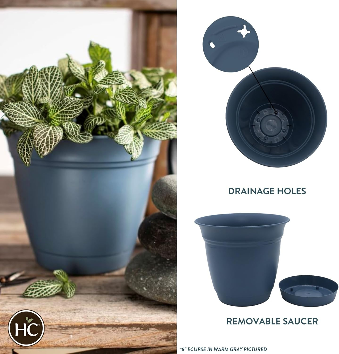 The HC Companies Eclipse Round Planter with Saucer - Outdoor & Indoor Plant Pot with Drainage Holes - Lightweight, UV-Resistant Plastic Pots for Plants, Flowers & Herbs (10" Slate Blue, Pack of 1)