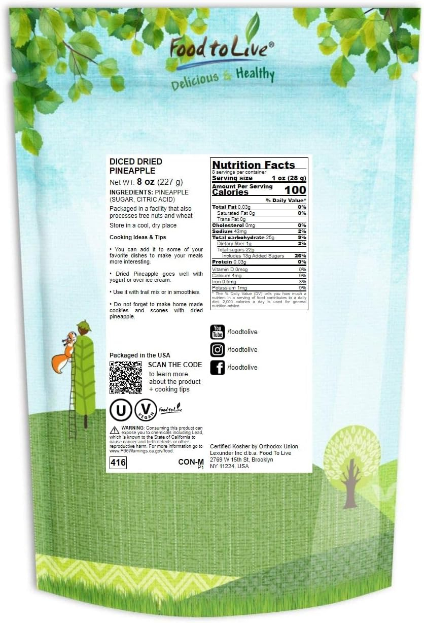 Diced Dried Pineapple, 0.5 Pounds — Kosher, Vegan — by Food to Live