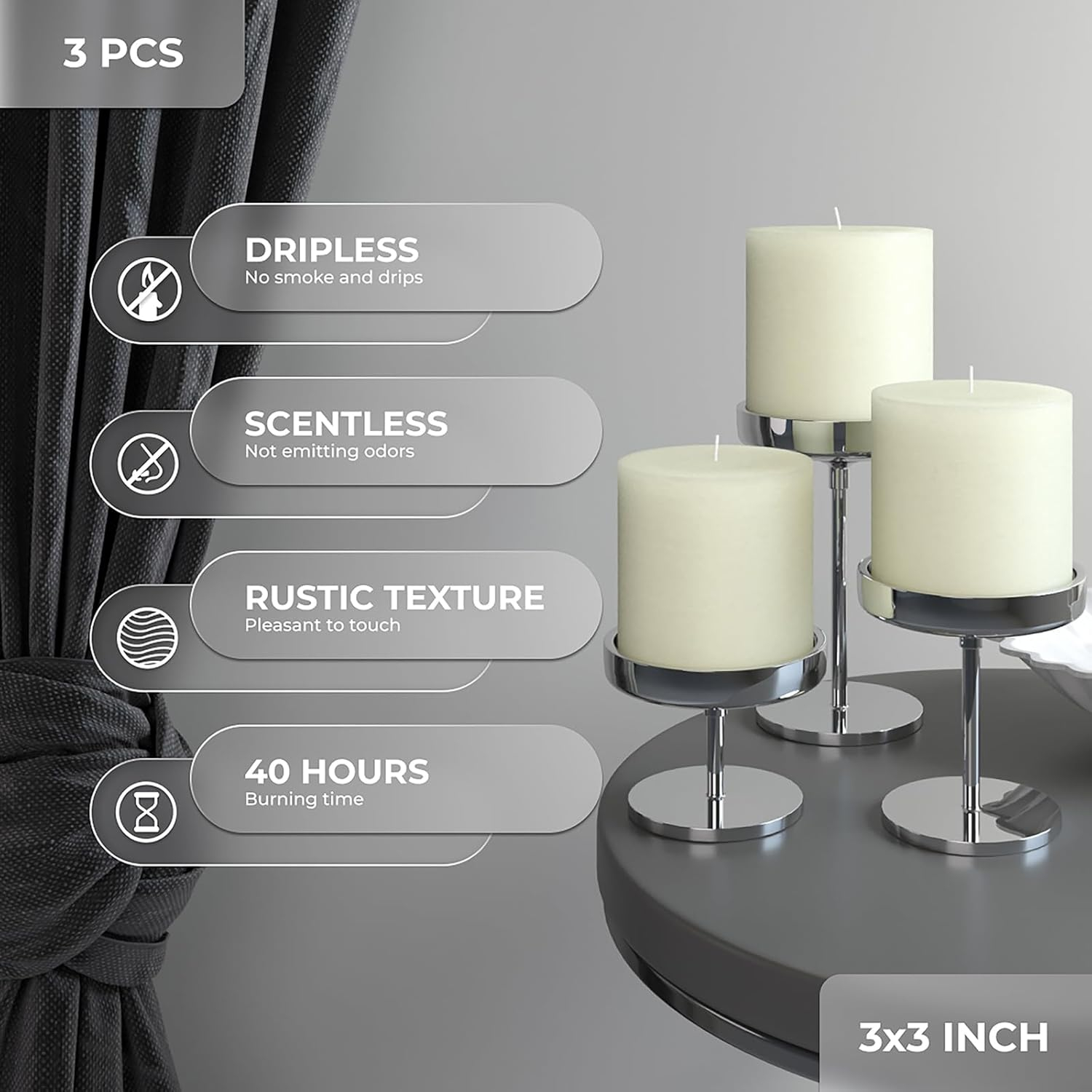 CANDWAX 3x3 Pillar Candle Set of 3 - Decorative Candles Unscented and No Drip Candles - Ideal as Wedding Candles or Large Candles for Home Interior - Ivory Candles Pillar 3x3